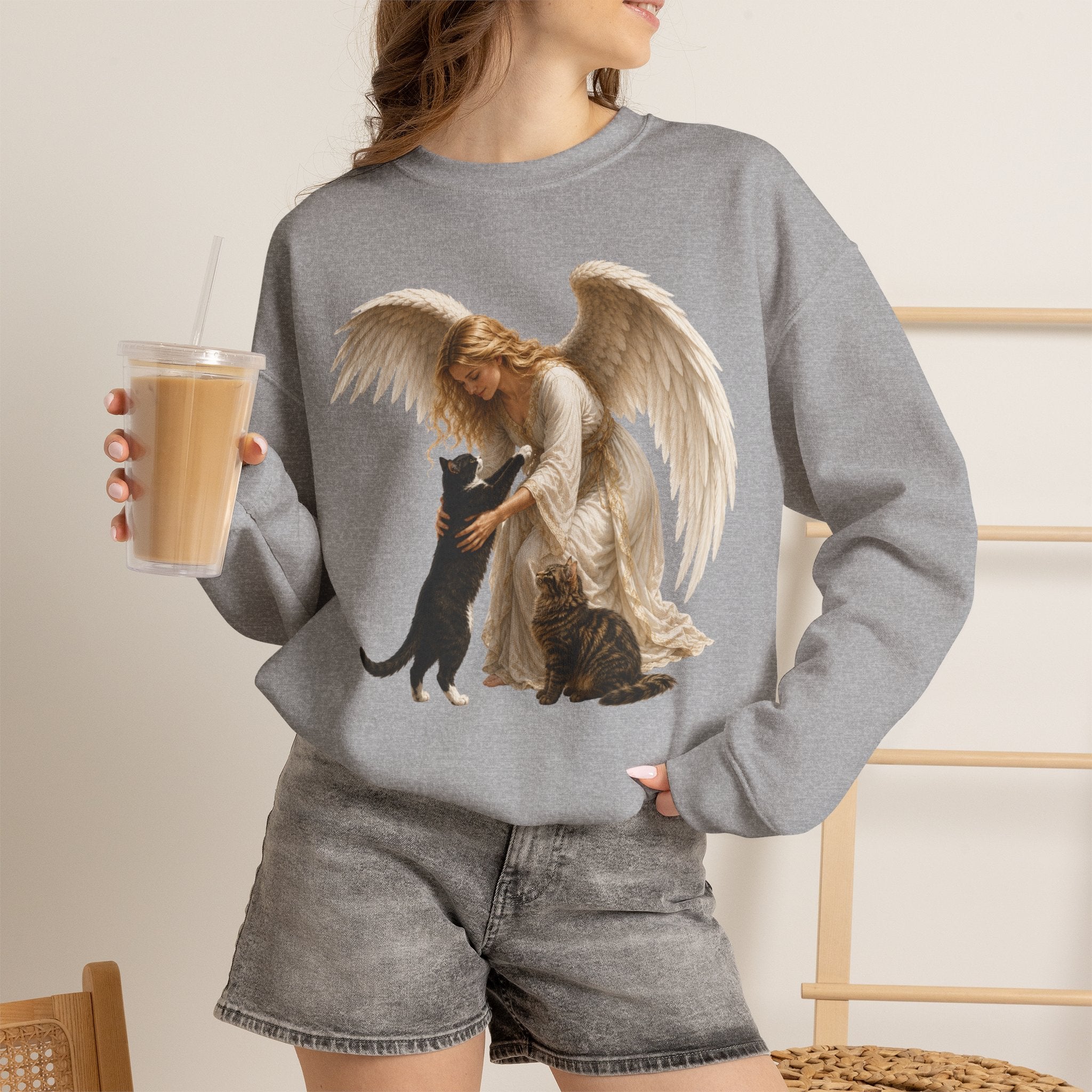 Angel Embrace cat Sweatshirt — Winged Guardian with Cat Graphic