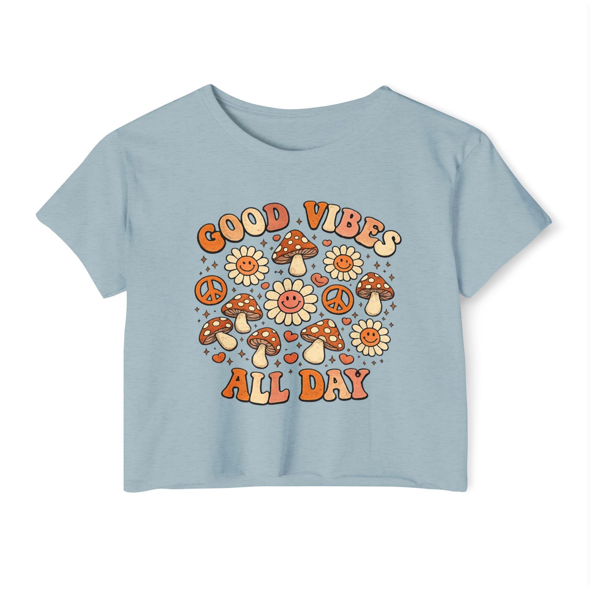 Good Vibes All Day Crop Top — Retro Mushroom & Sun Festival Tee