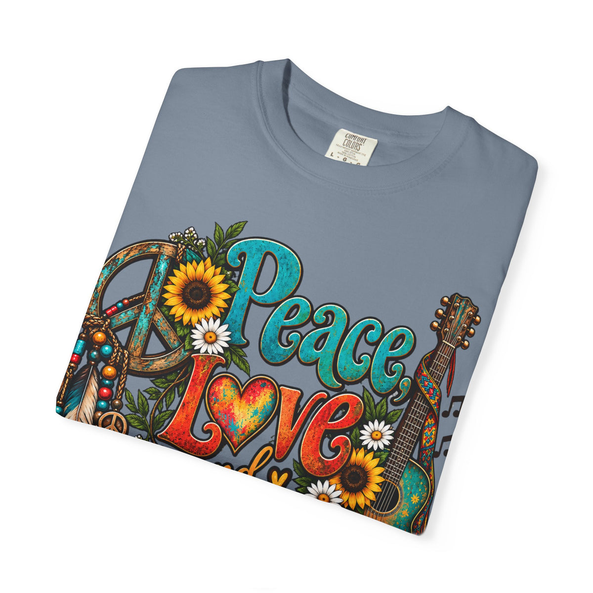 Peace, Love & Music Graphic T-Shirt — Retro Hippie Guitar Sunflower Tee
