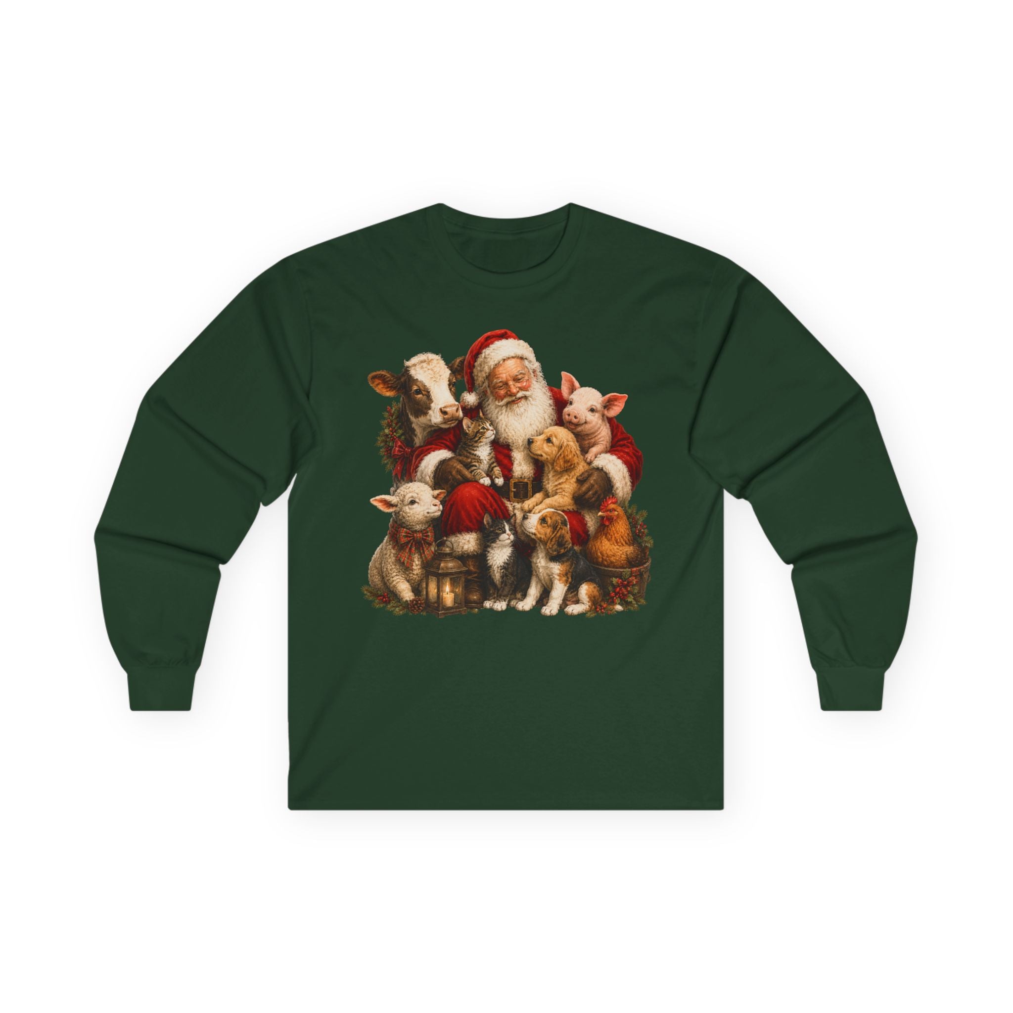 Christmas Santa with farm animals Long Sleeve Tee — Vintage Holiday Animal Shirt