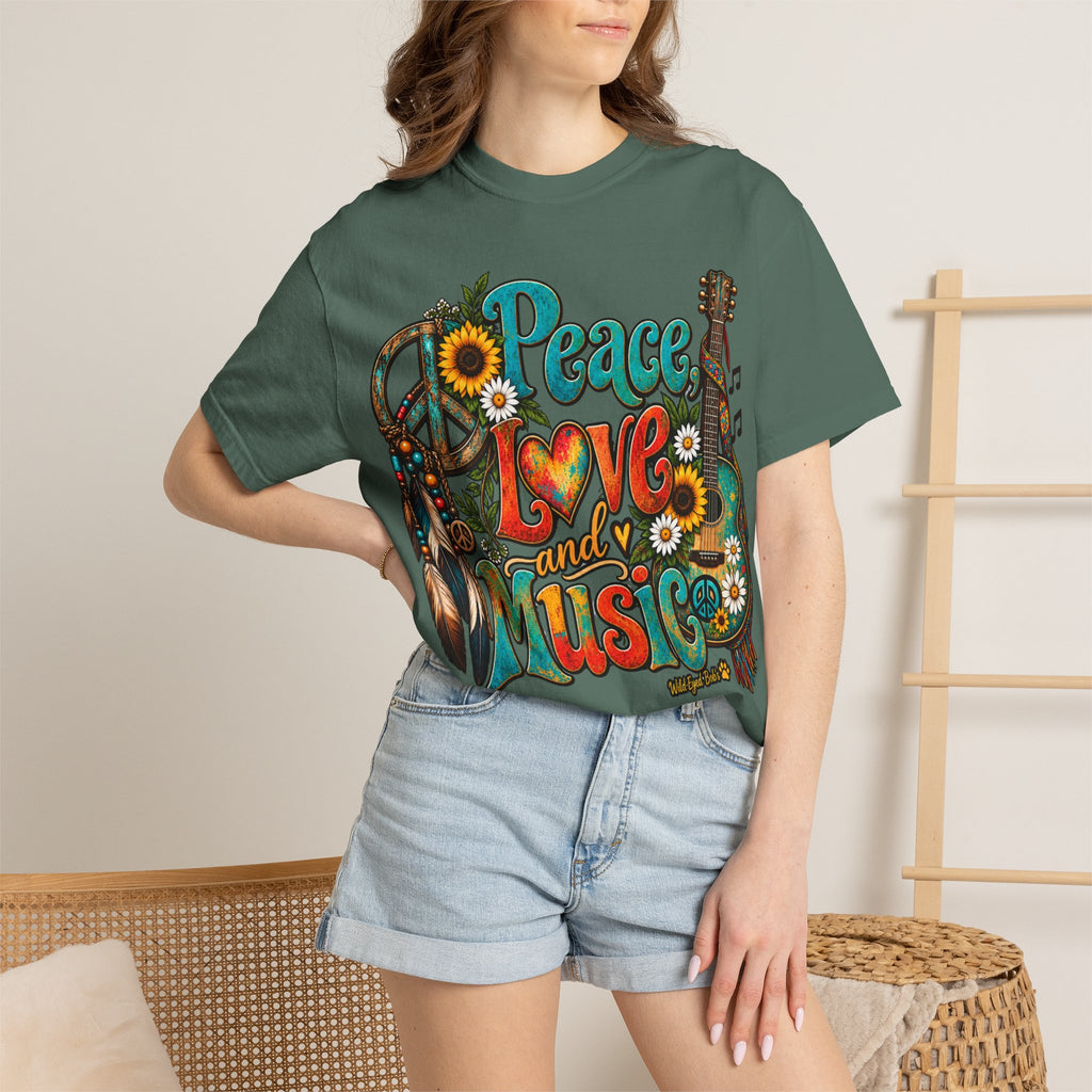 Peace, Love & Music Graphic T-Shirt — Retro Hippie Guitar Sunflower Tee