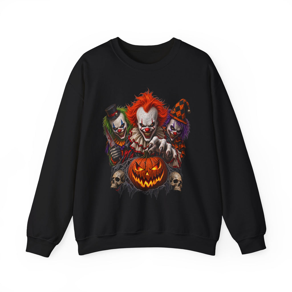 Creepy Clown Halloween Sweatshirt — Scary Trio with Jack-O'-Lantern
