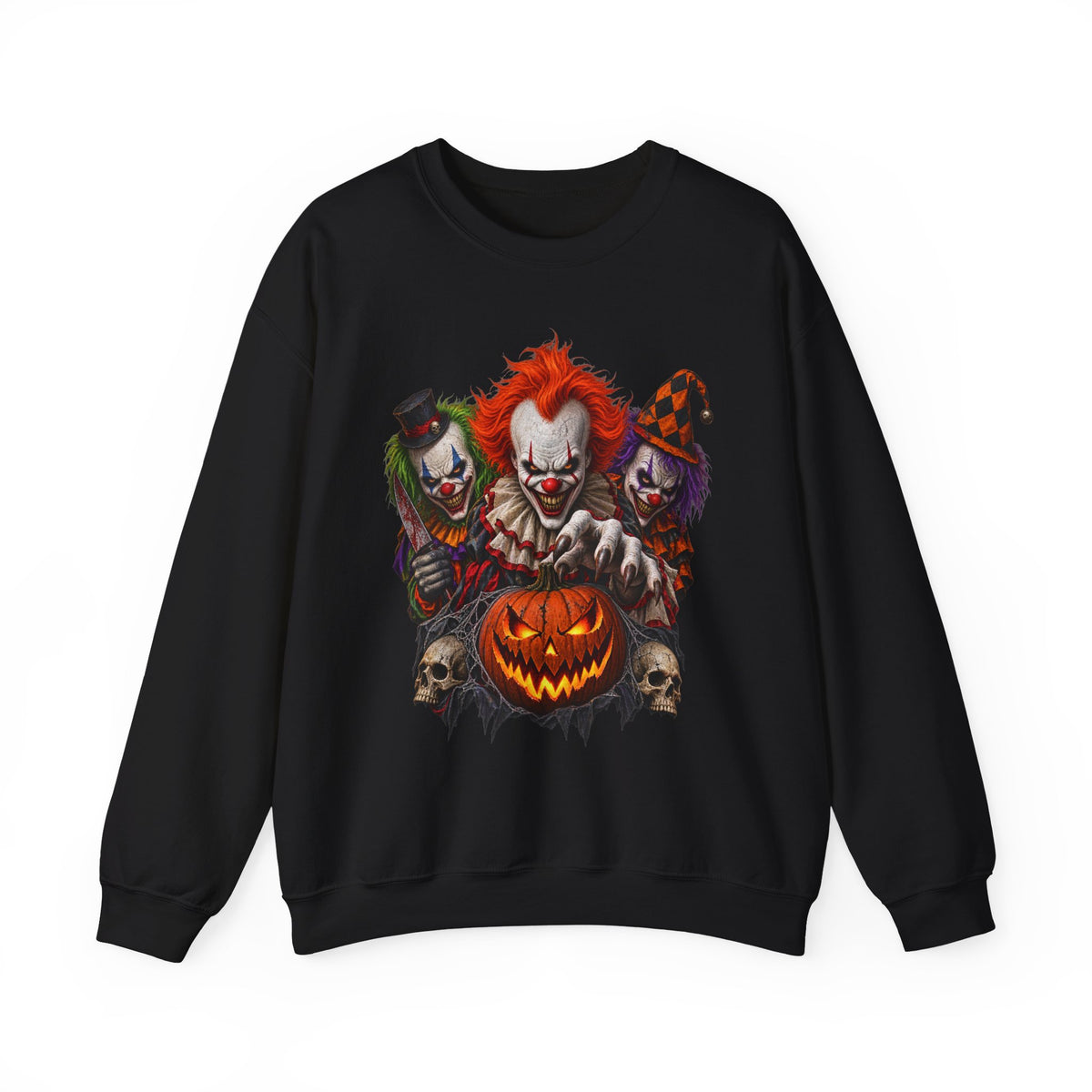 Creepy Clown Halloween Sweatshirt — Scary Trio with Jack-O'-Lantern