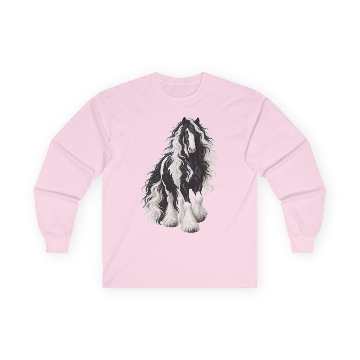 Gypsy Vanner Horse Long Sleeve Tee — Black & White Fluffy Horse Art