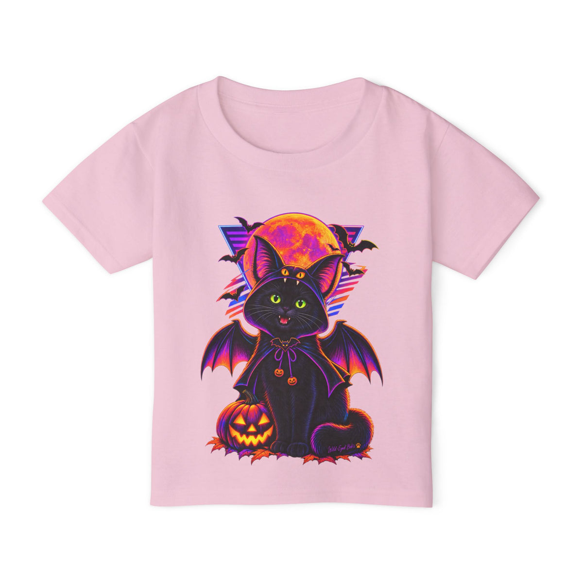 Toddler Halloween Bat Cat T-Shirt — Cute Black Cat with Pumpkin & Full Moon