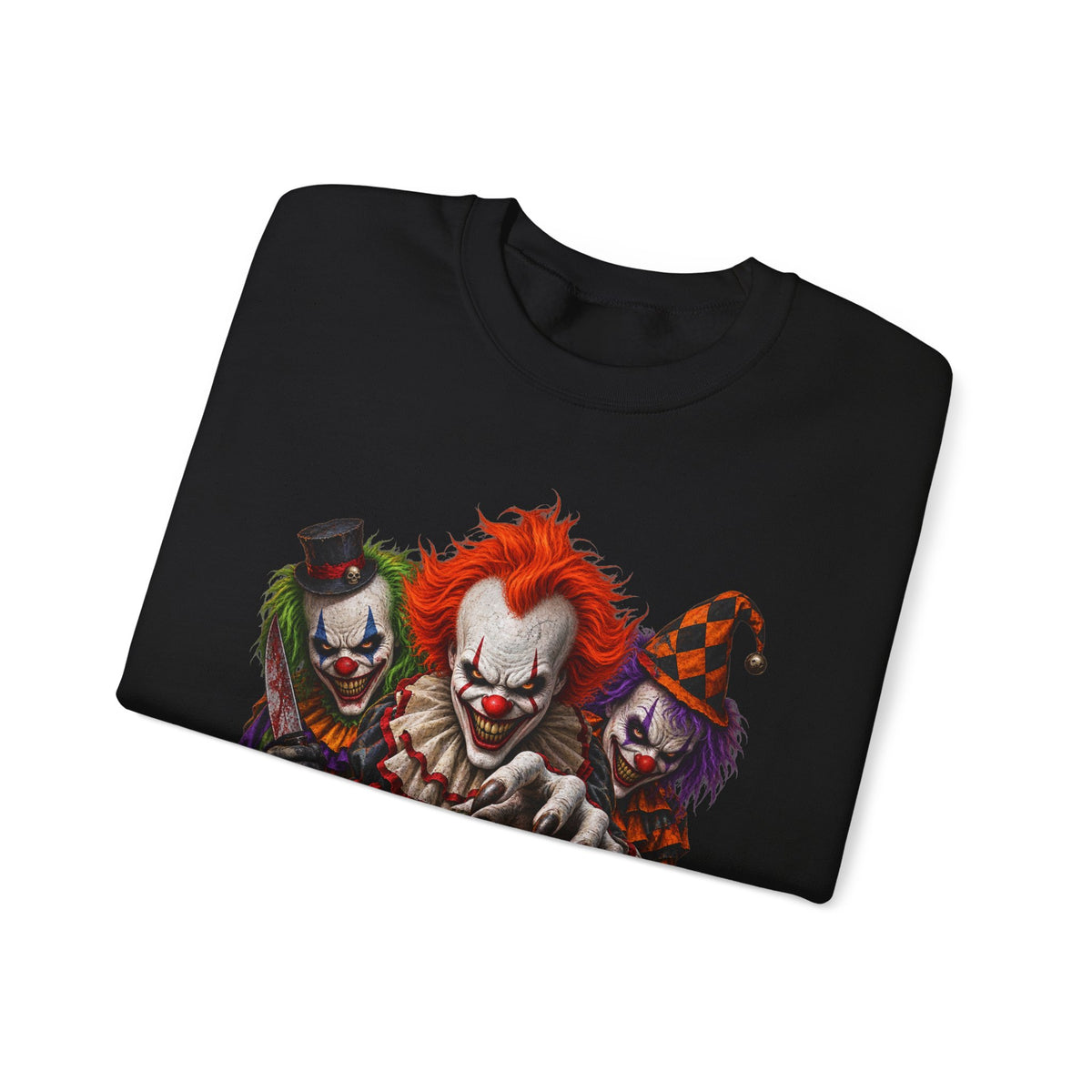 Creepy Clown Halloween Sweatshirt — Scary Trio with Jack-O'-Lantern