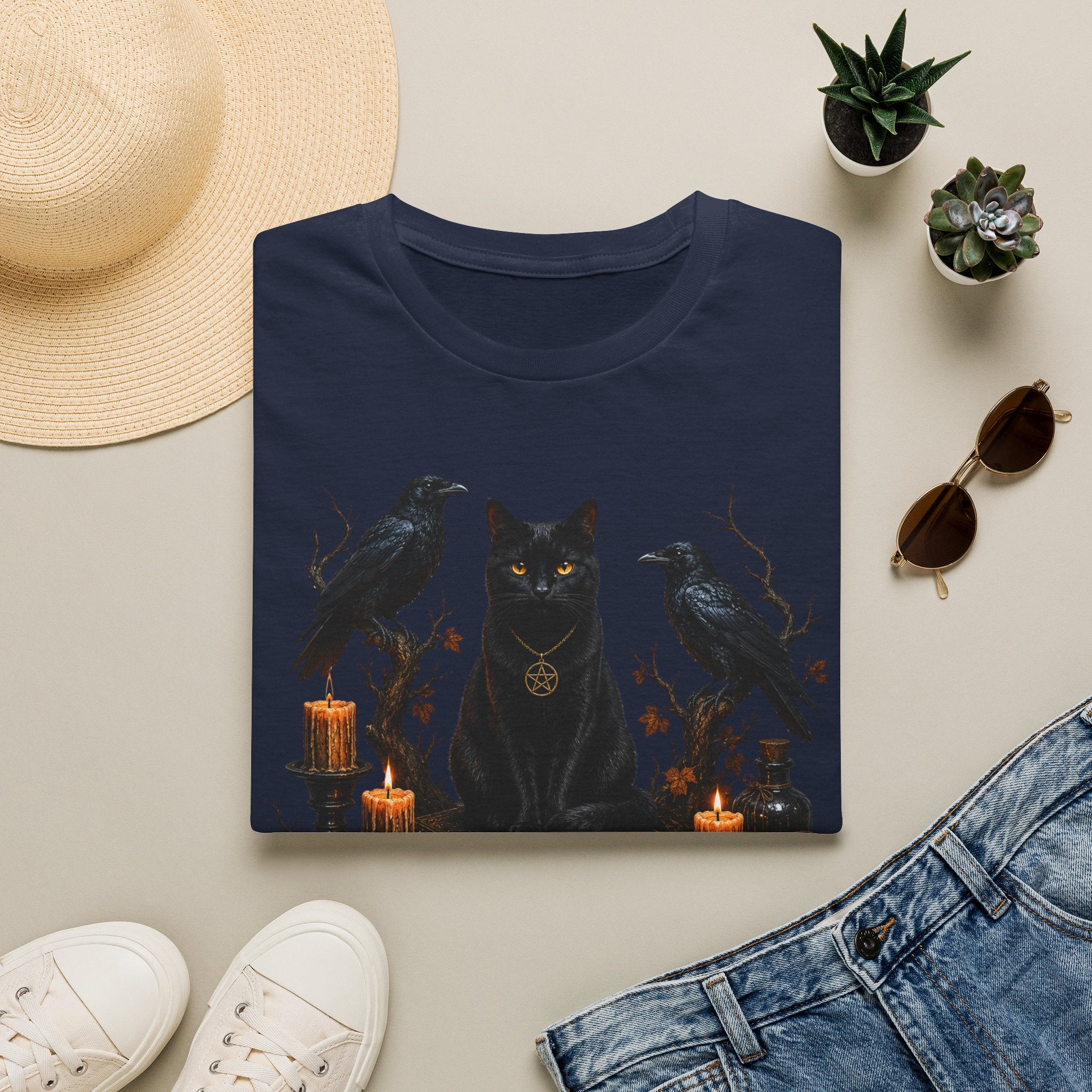 Occult Black Cat T-Shirt — Witchy Candle & Raven Spell Design