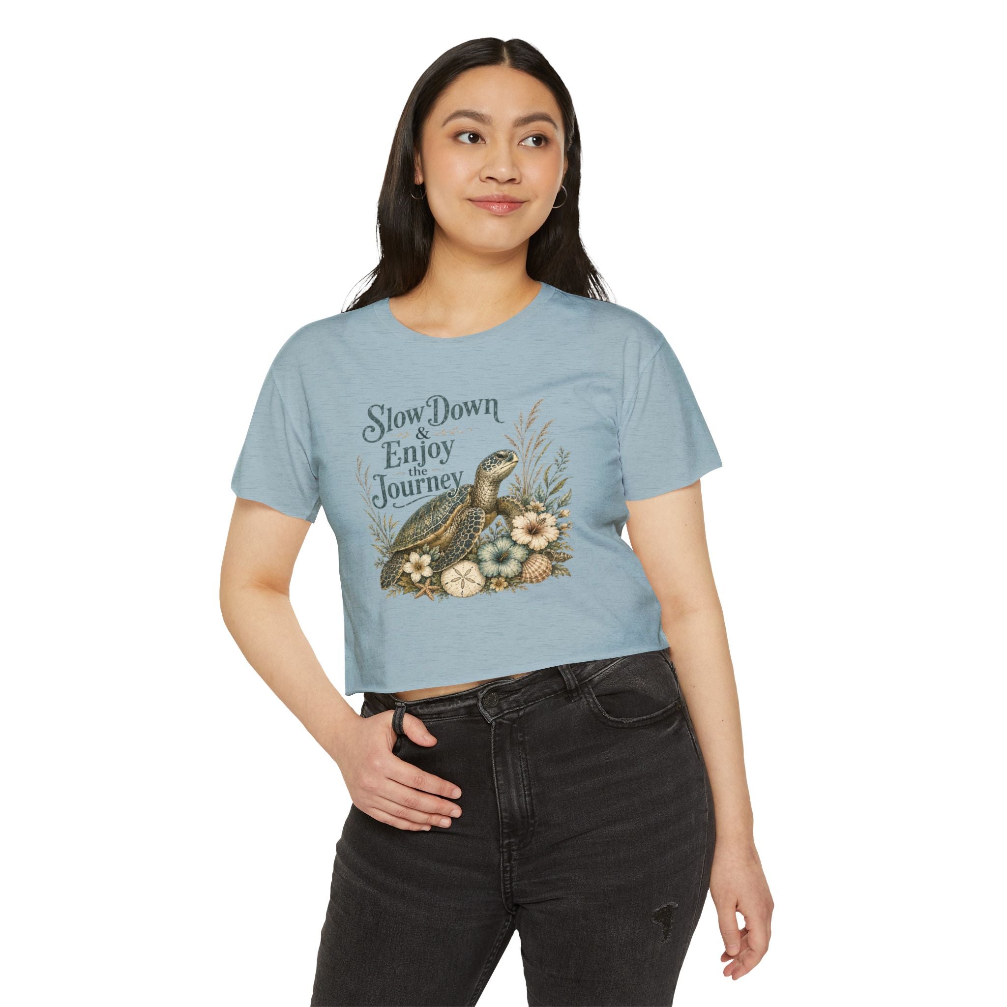 Women’s beach vibe Crop Top — “Slow Down & Enjoy the Journey” Sea Turtle Floral Festival Tee