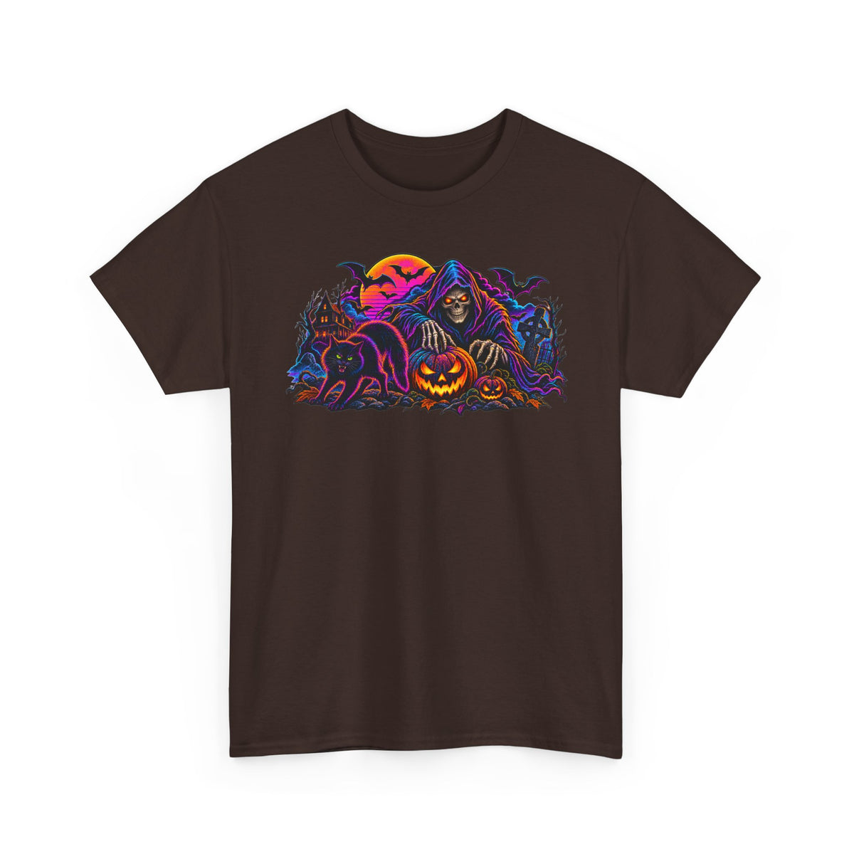 Halloween Grim Reaper Jack-O'-Lantern Tee — Retro Neon Spooky Skull Shirt