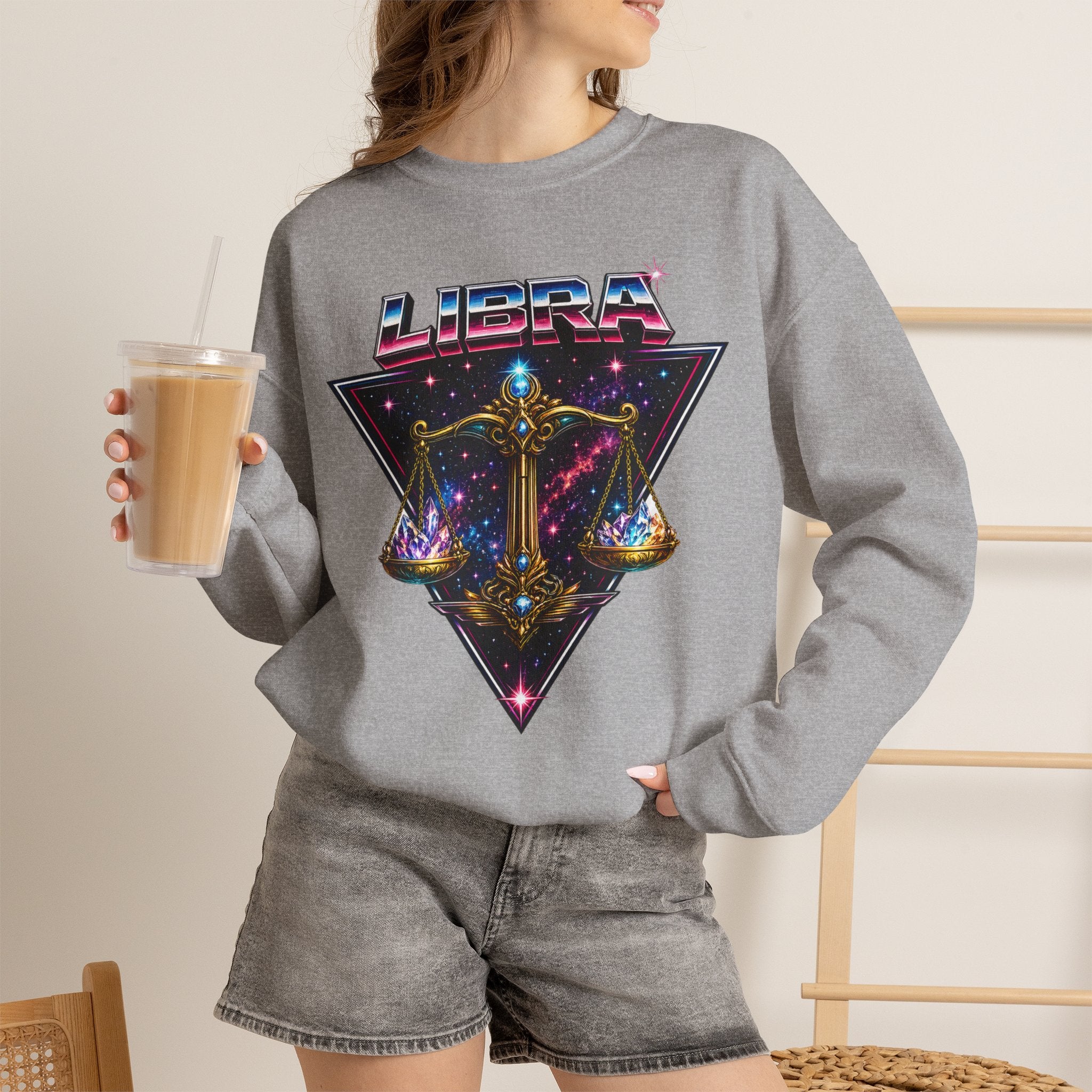 Libra Zodiac Crewneck Sweatshirt — Retro Cosmic Scales Astrology Graphic