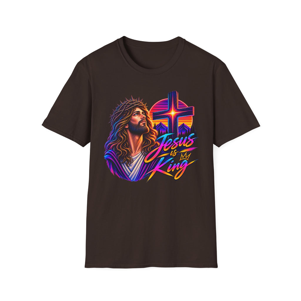 Jesus Is King T‑Shirt — Retro Neon Cross & Christ Portrait