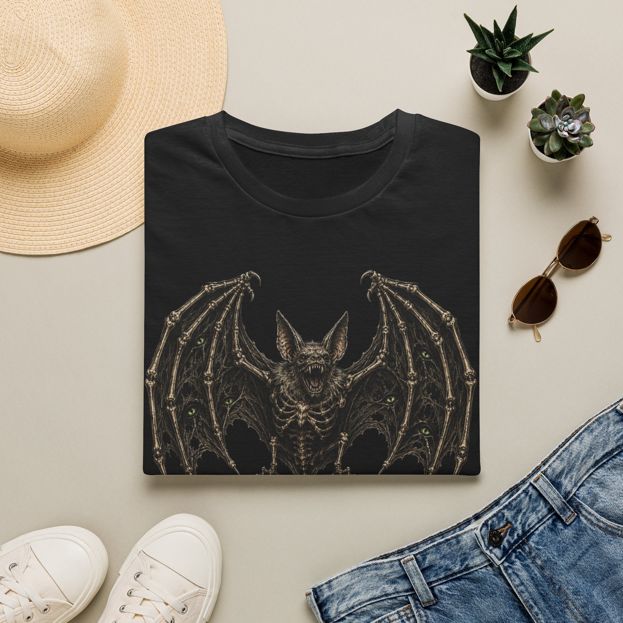 Gothic Skeletal Bat Graphic T-Shirt