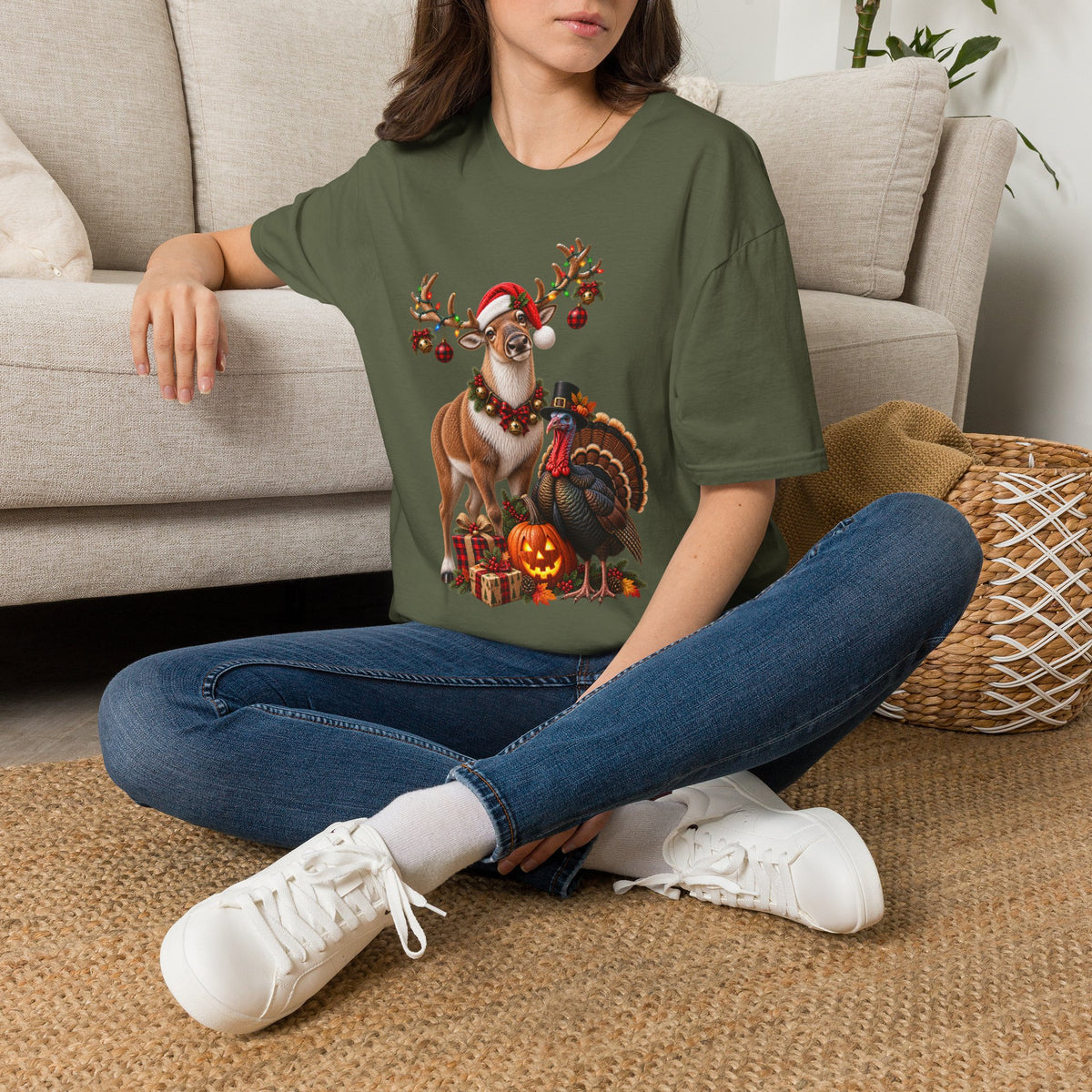 Three Holidays-One Shirt - Christmas Reindeer ,Turkey & Jack O Lantern Graphic T‑Shirt
