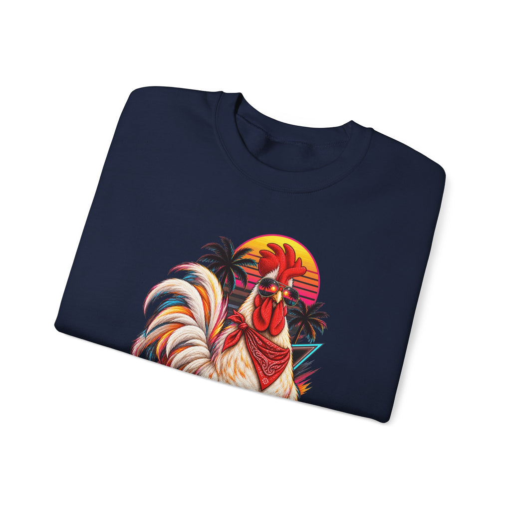 Rooster Sunset Crewneck Sweatshirt — Tropical Farm Rooster Graphic
