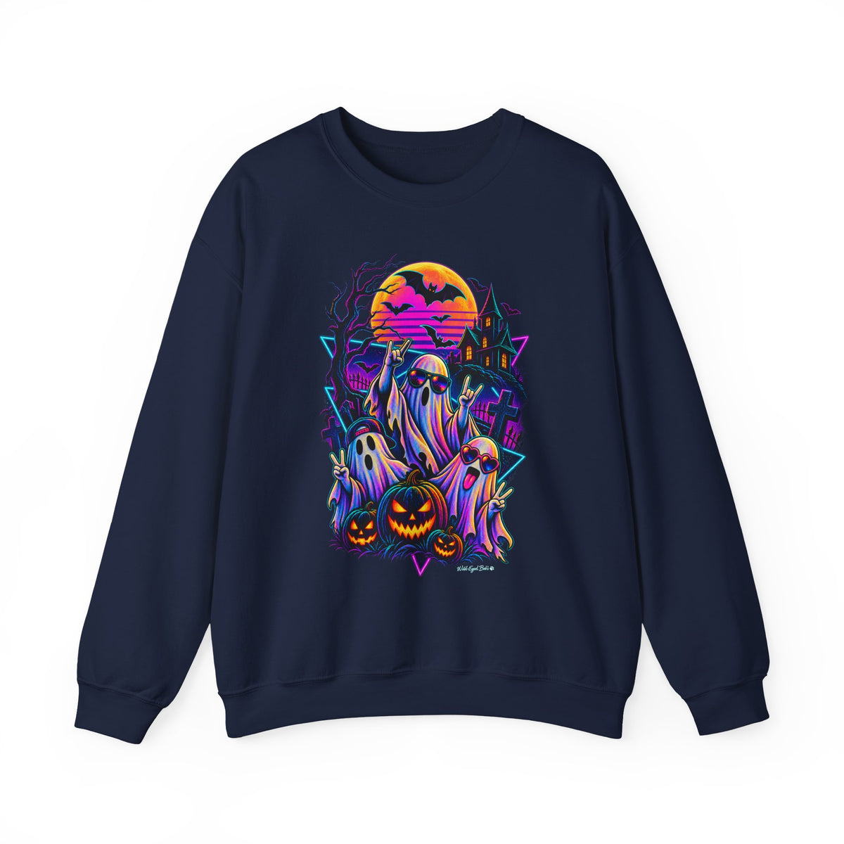Halloween Neon Ghosts Crewneck Sweatshirt — Retro Pumpkin Haunted House Tee