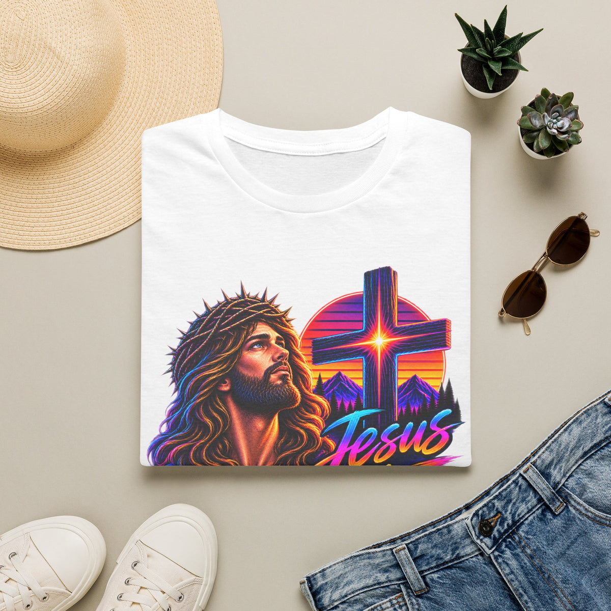 Jesus Is King T‑Shirt — Retro Neon Cross & Christ Portrait
