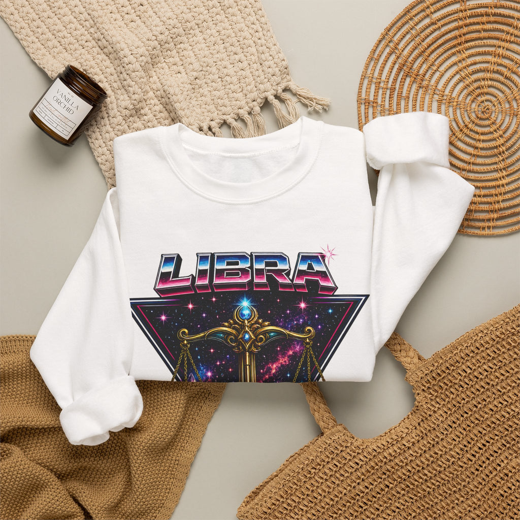 Libra Zodiac Crewneck Sweatshirt — Retro Cosmic Scales Astrology Graphic