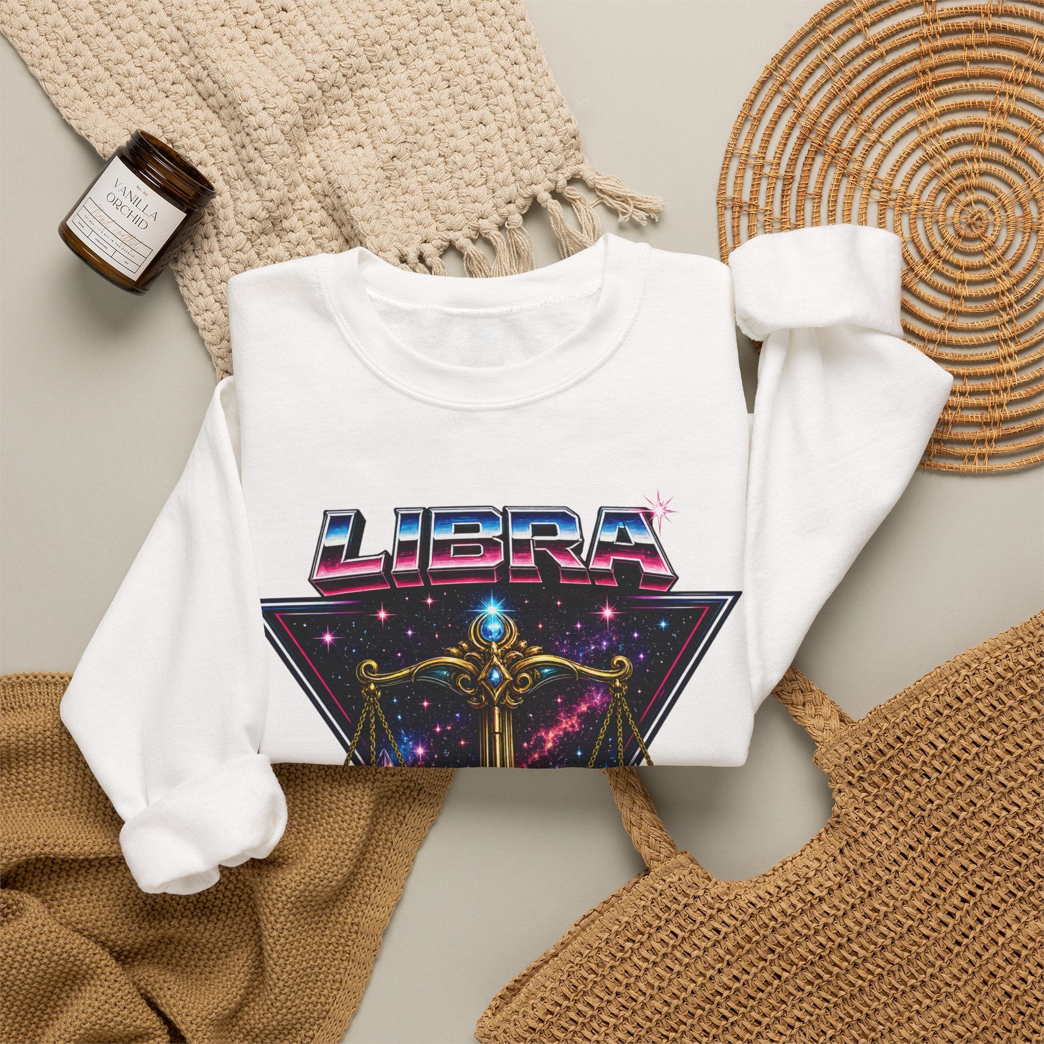 Libra Zodiac Crewneck Sweatshirt — Retro Cosmic Scales Astrology Graphic