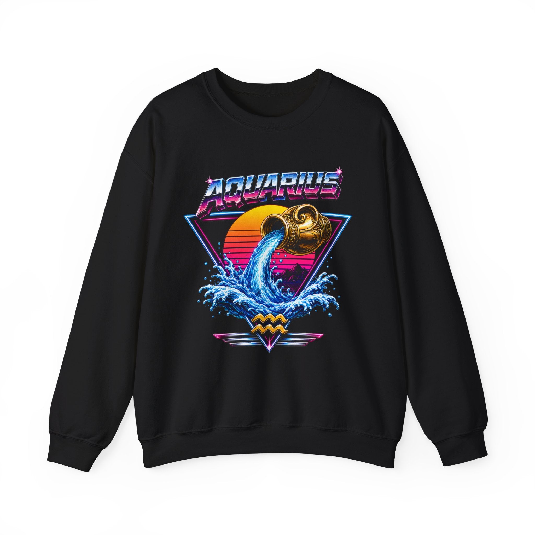 Aquarius Zodiac Crewneck Sweatshirt — Retro Neon Water-Bearer Design