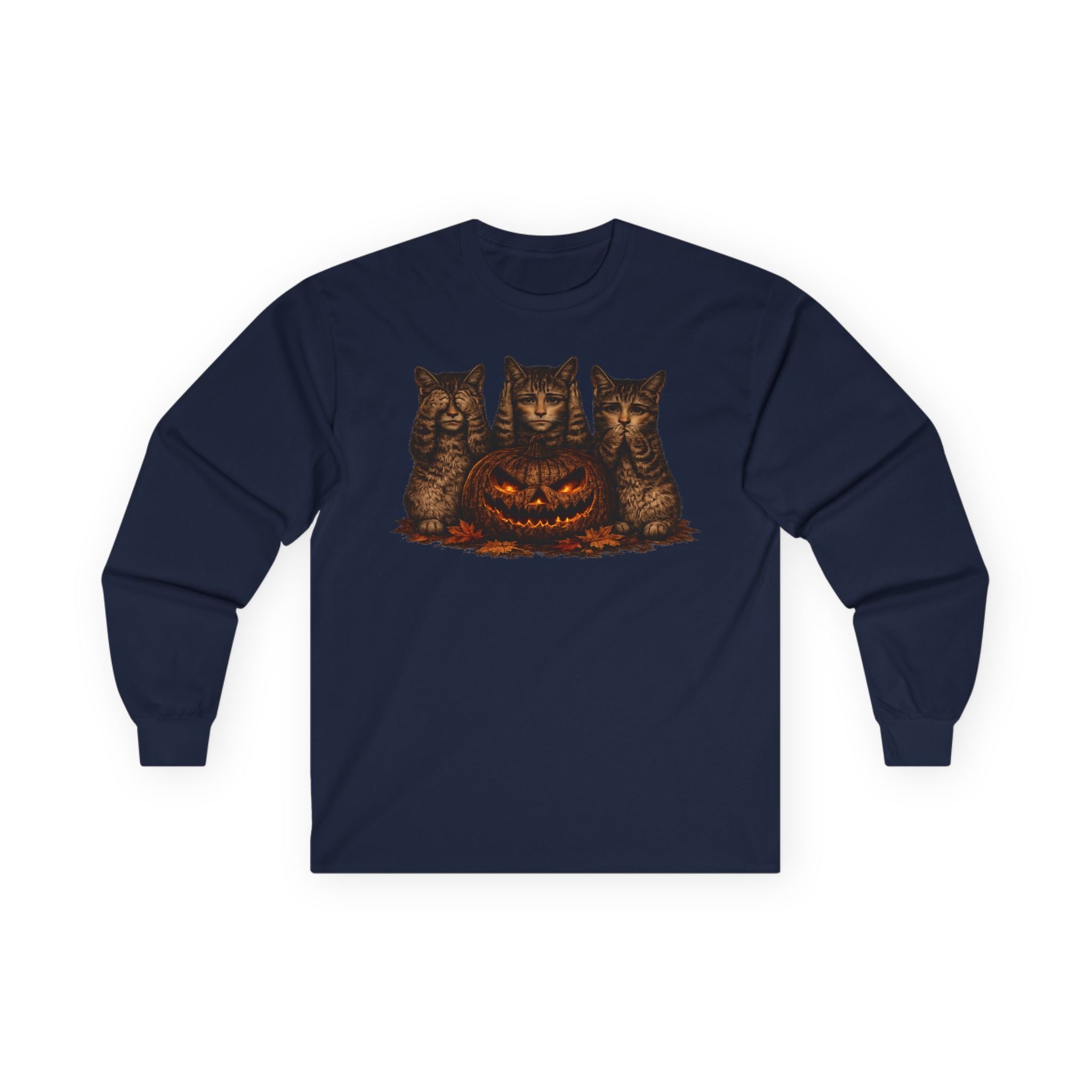 Anthropomorphic Trio Of  Cats Long Sleeve Tee — Three Kittens with Jack-O'-Lantern Graphic