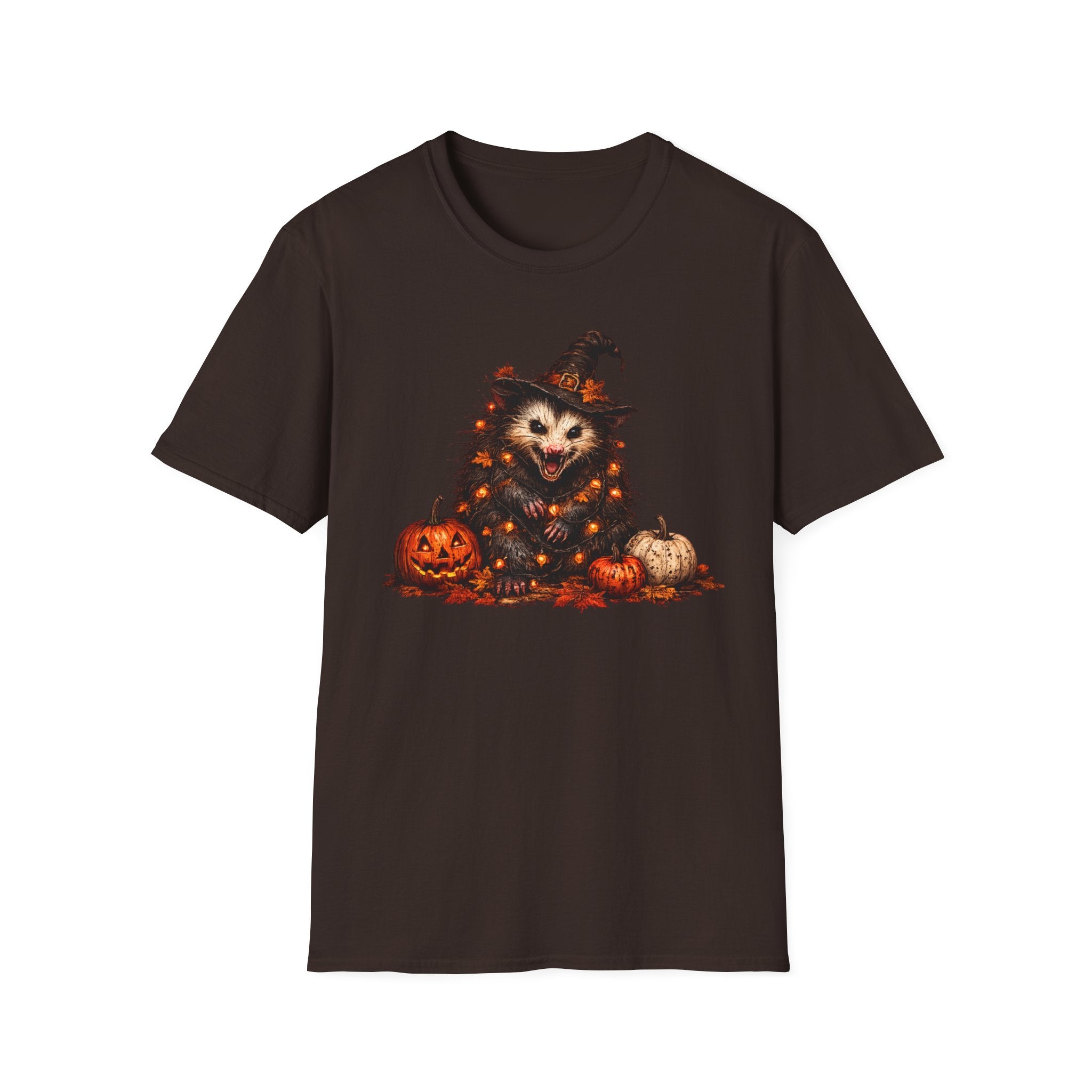 Halloween Possum T‑Shirt — Cute Spooky Opossum in Witch Hat with Fairy lights and Pumpkins