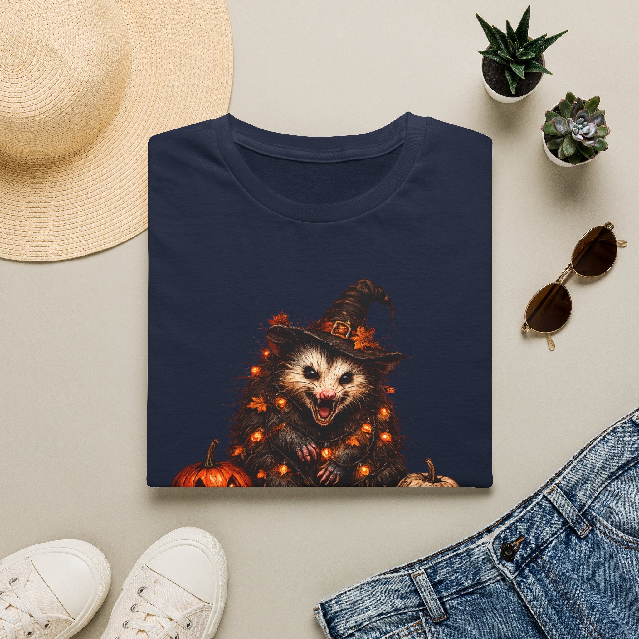 Halloween Possum T‑Shirt — Cute Spooky Opossum in Witch Hat with Fairy lights and Pumpkins