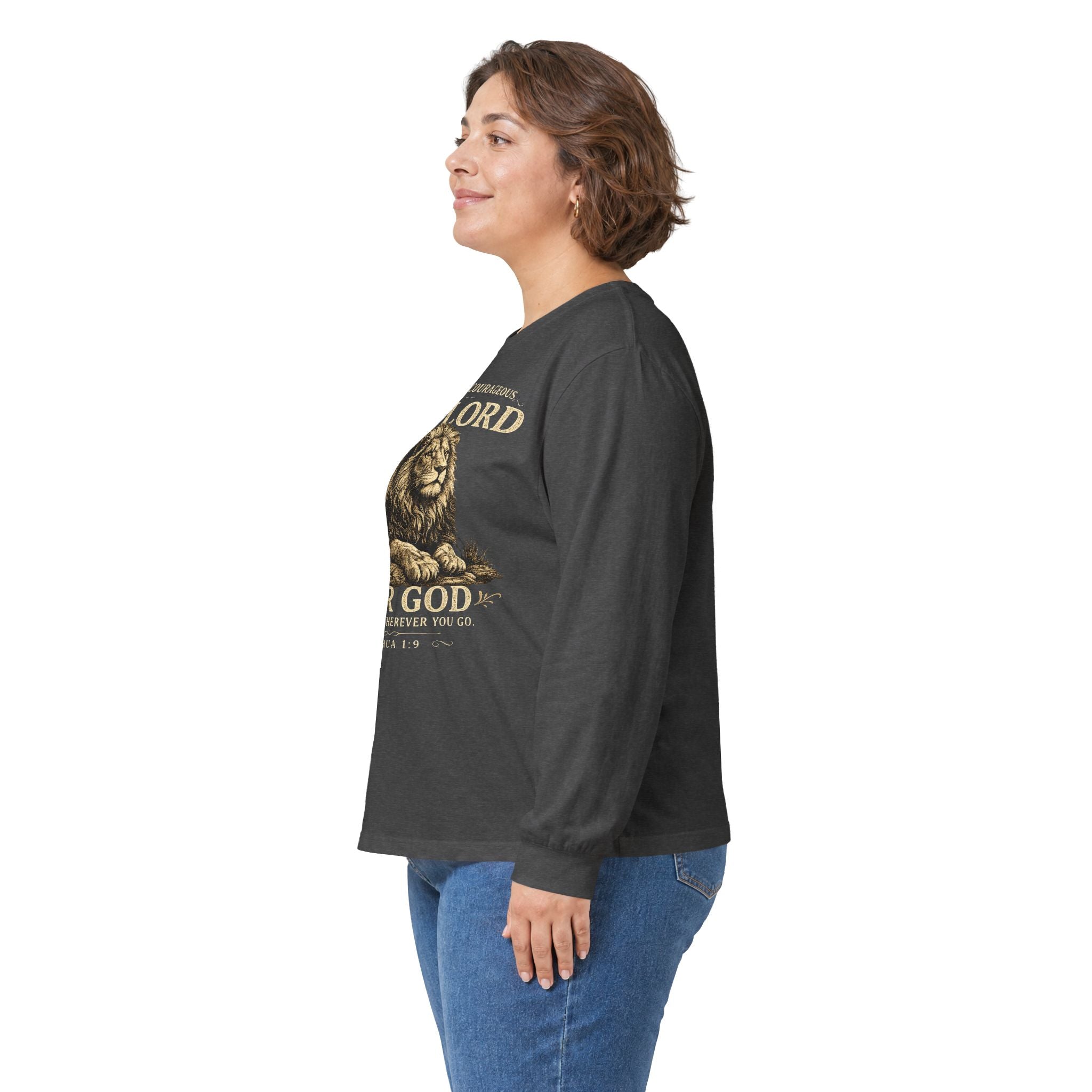 Christian Lion Long Sleeve Tee — “Be Strong & Courageous, The Lord Your God” Inspirational Shirt