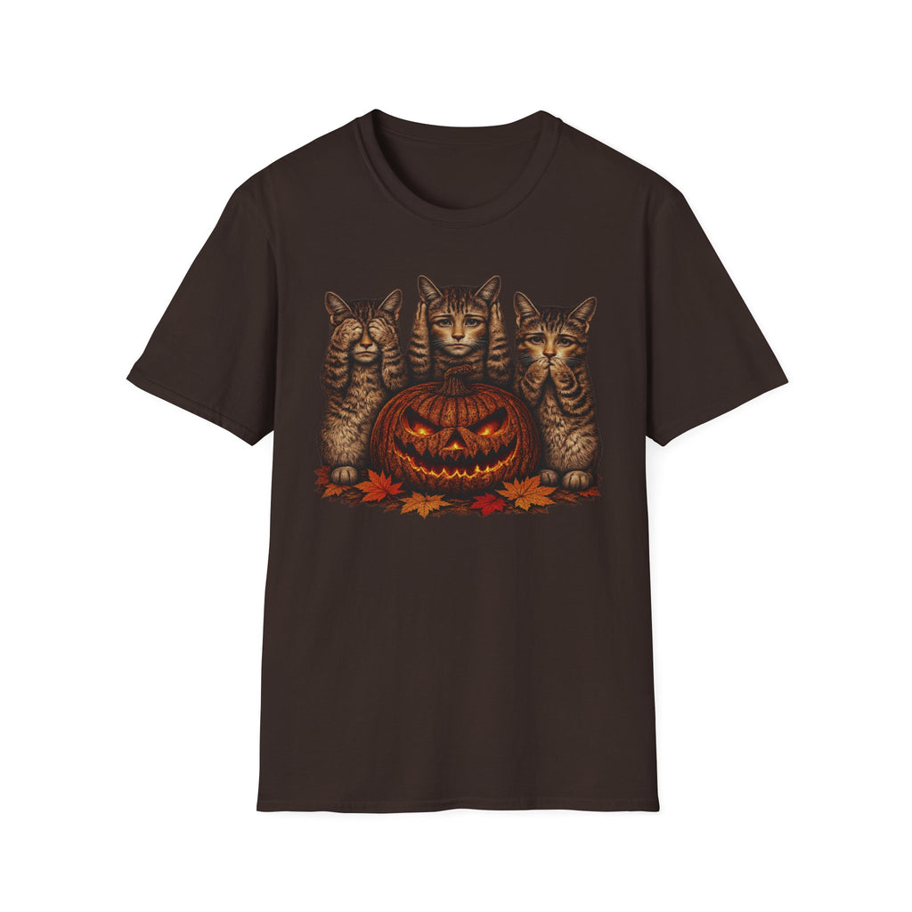 No Evil... Anthropomorphic Cat Pumpkin T-Shirt — Three Spooky Cats with Jack-O'-Lantern