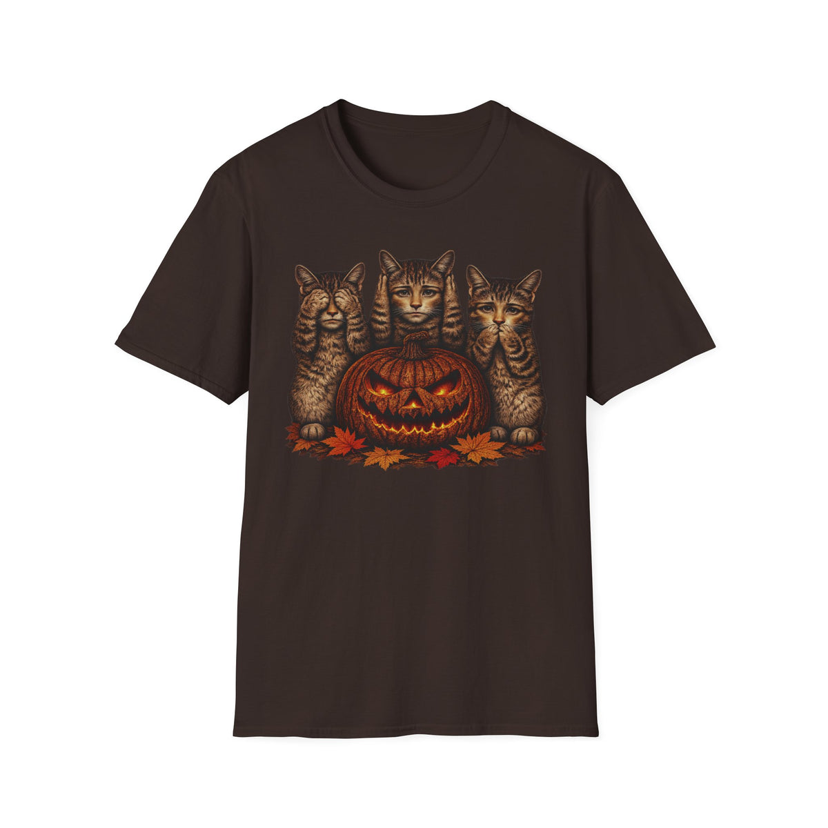 No Evil... Anthropomorphic Cat Pumpkin T-Shirt — Three Spooky Cats with Jack-O'-Lantern
