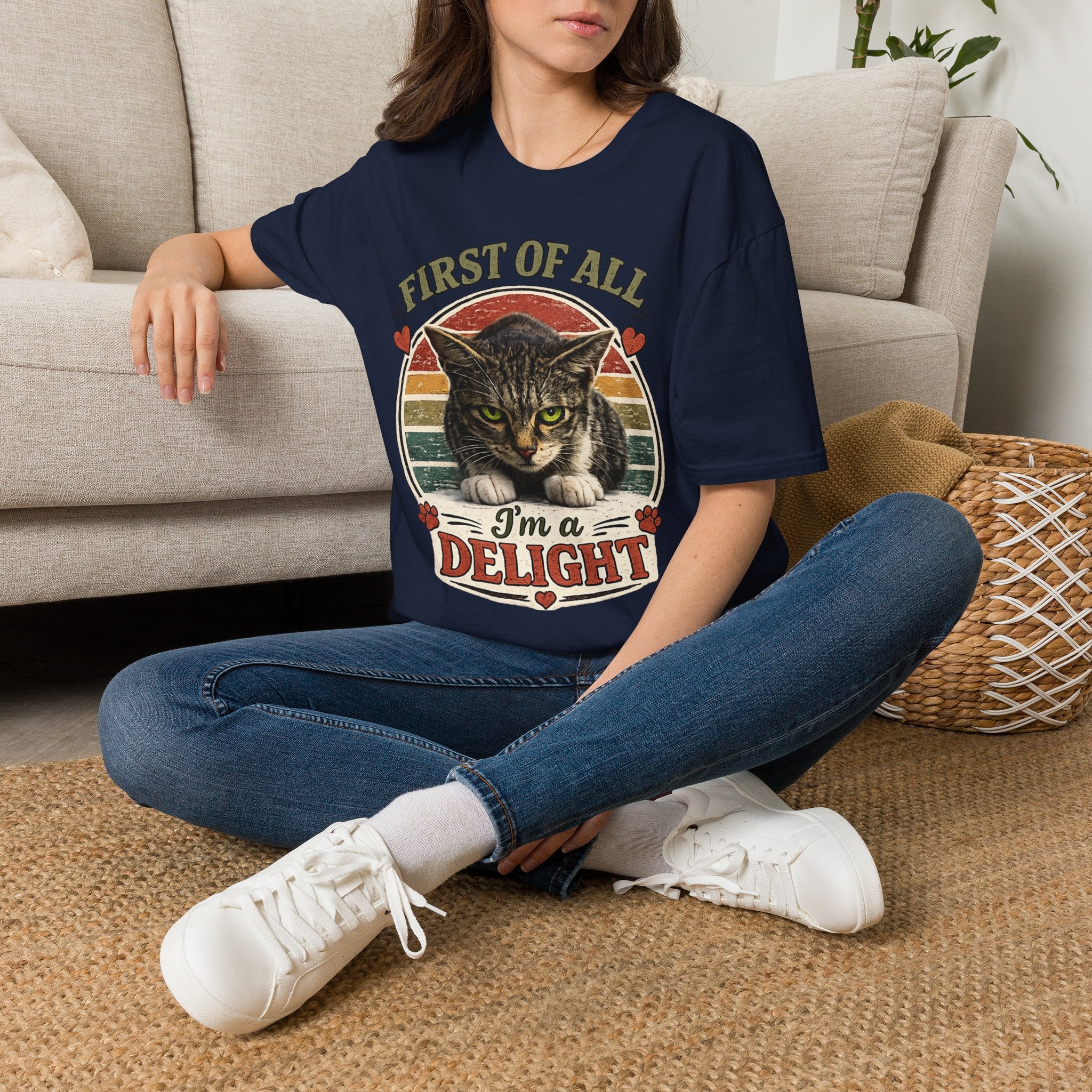 Cat T‑Shirt — “First of All I’m a Delight” Vintage Cat Graphic Tee