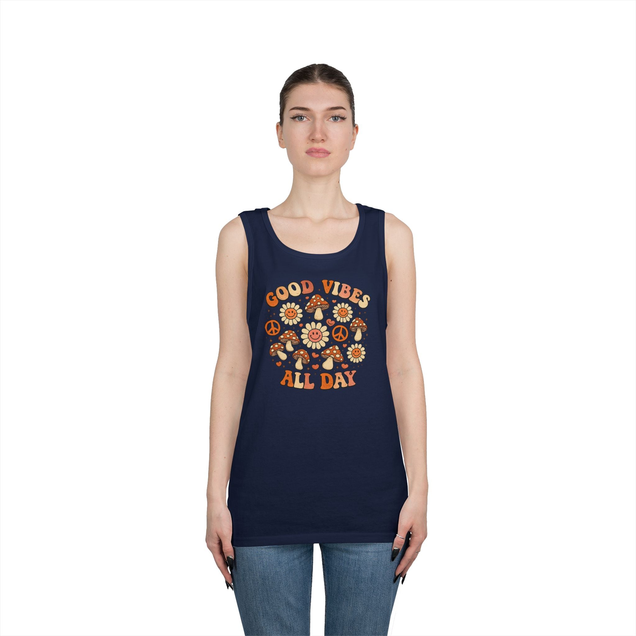 Boho-Good Vibes All Day Tank Top — Retro Mushroom Peace Floral Graphic