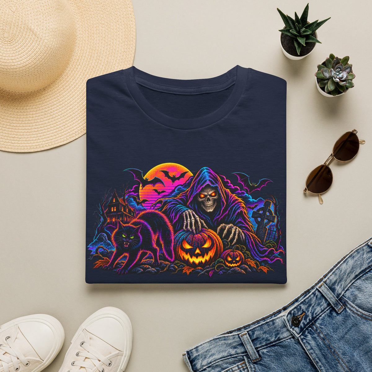 Halloween Grim Reaper T-Shirt — Pumpkin, Bats & Haunted Night Graphic Tee