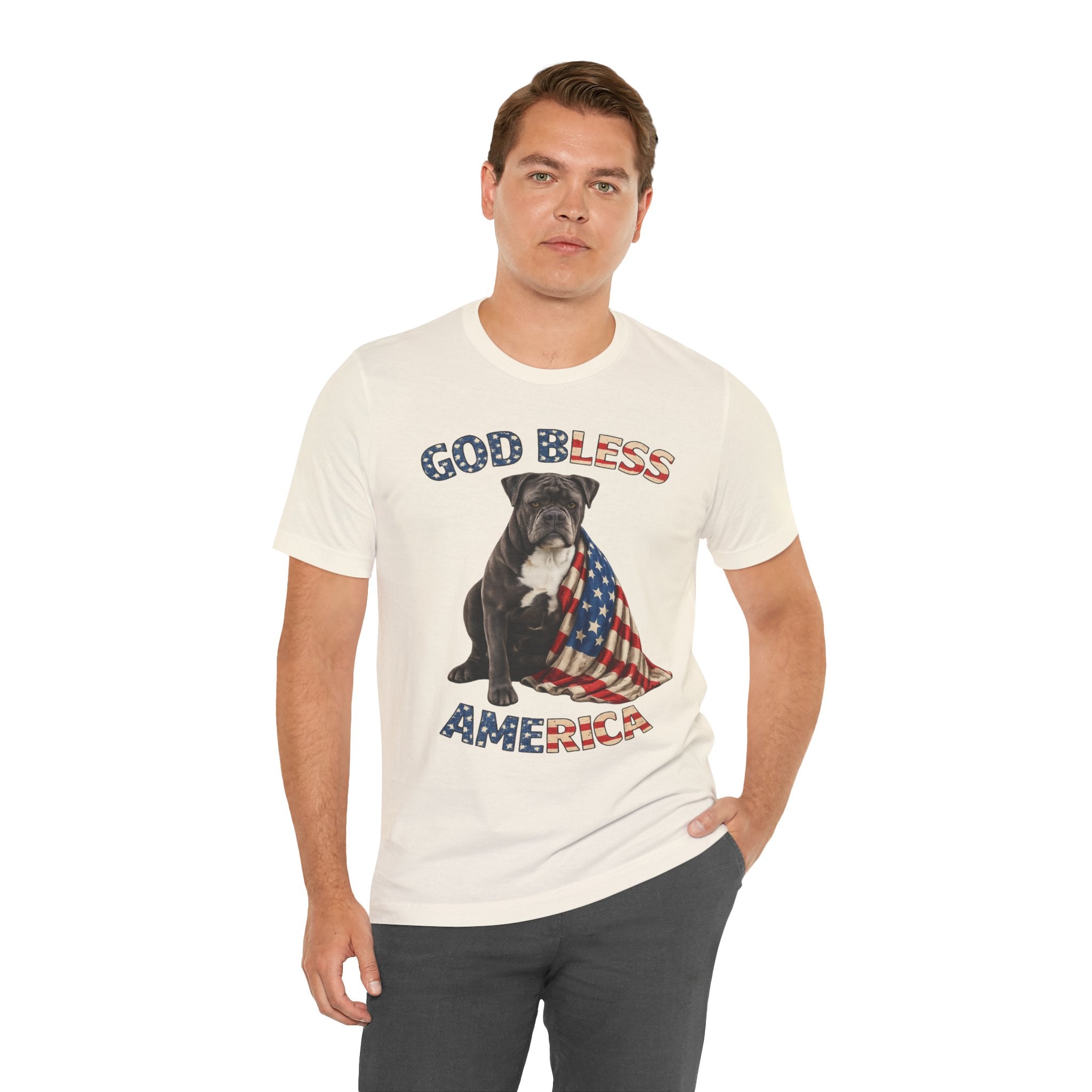 Patriotic Bulldog Tee – "God Bless America" USA Flag Dog T-Shirt