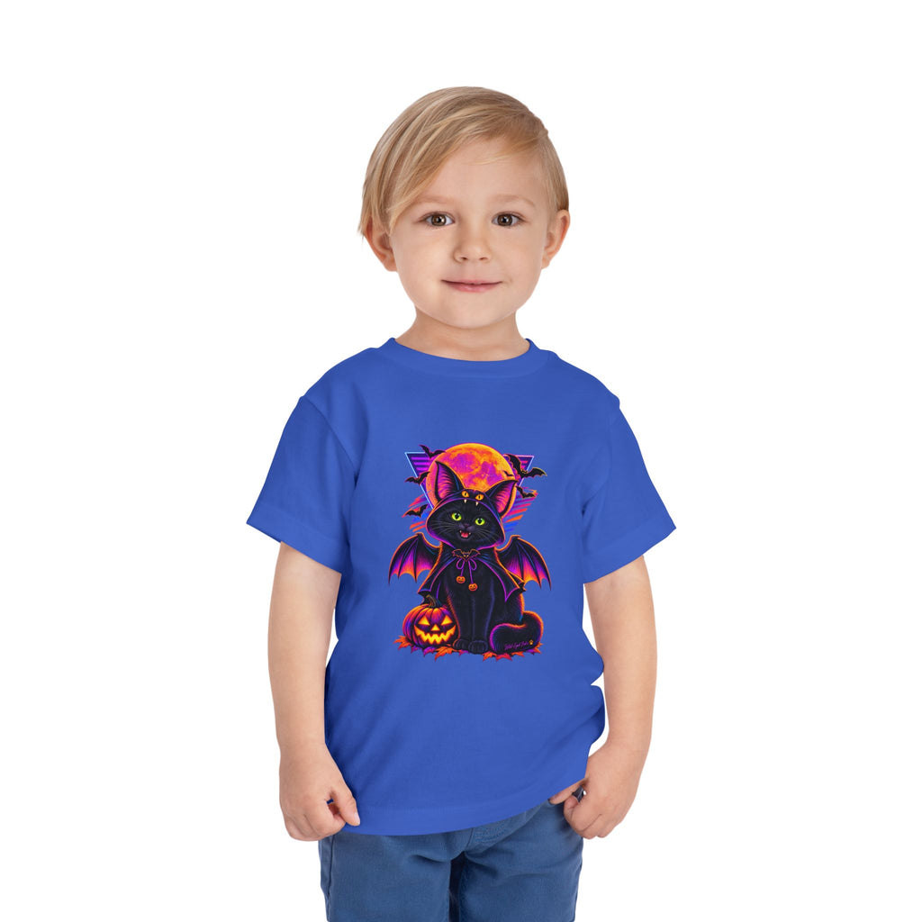 Toddler Tee — Neon Halloween Bat Cat with Pumpkin Graphic