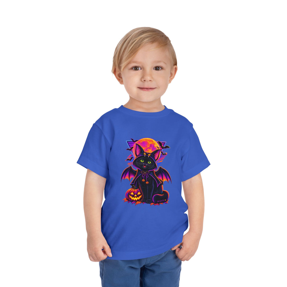 Toddler Tee — Neon Halloween Bat Cat with Pumpkin Graphic