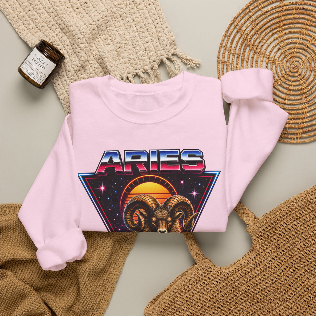 Aries Zodiac Crewneck Sweatshirt — 80s Retro Ram Astrology Graphic