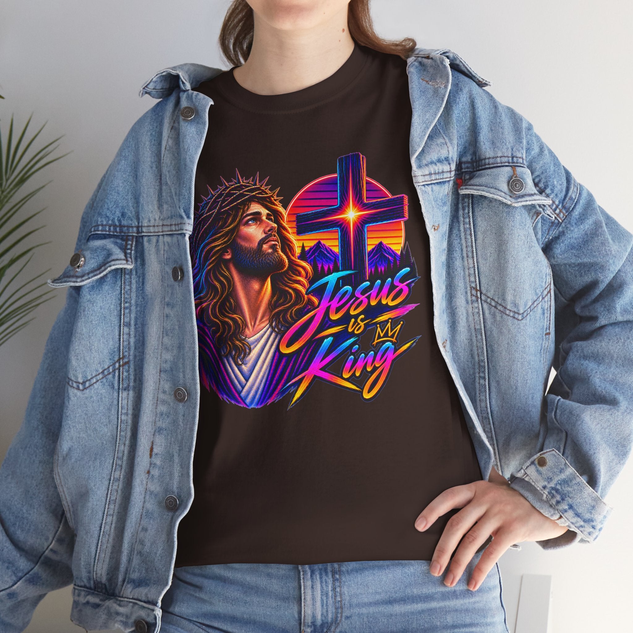 Jesus Is King T-Shirt — Neon Portrait Cross Christian Tee