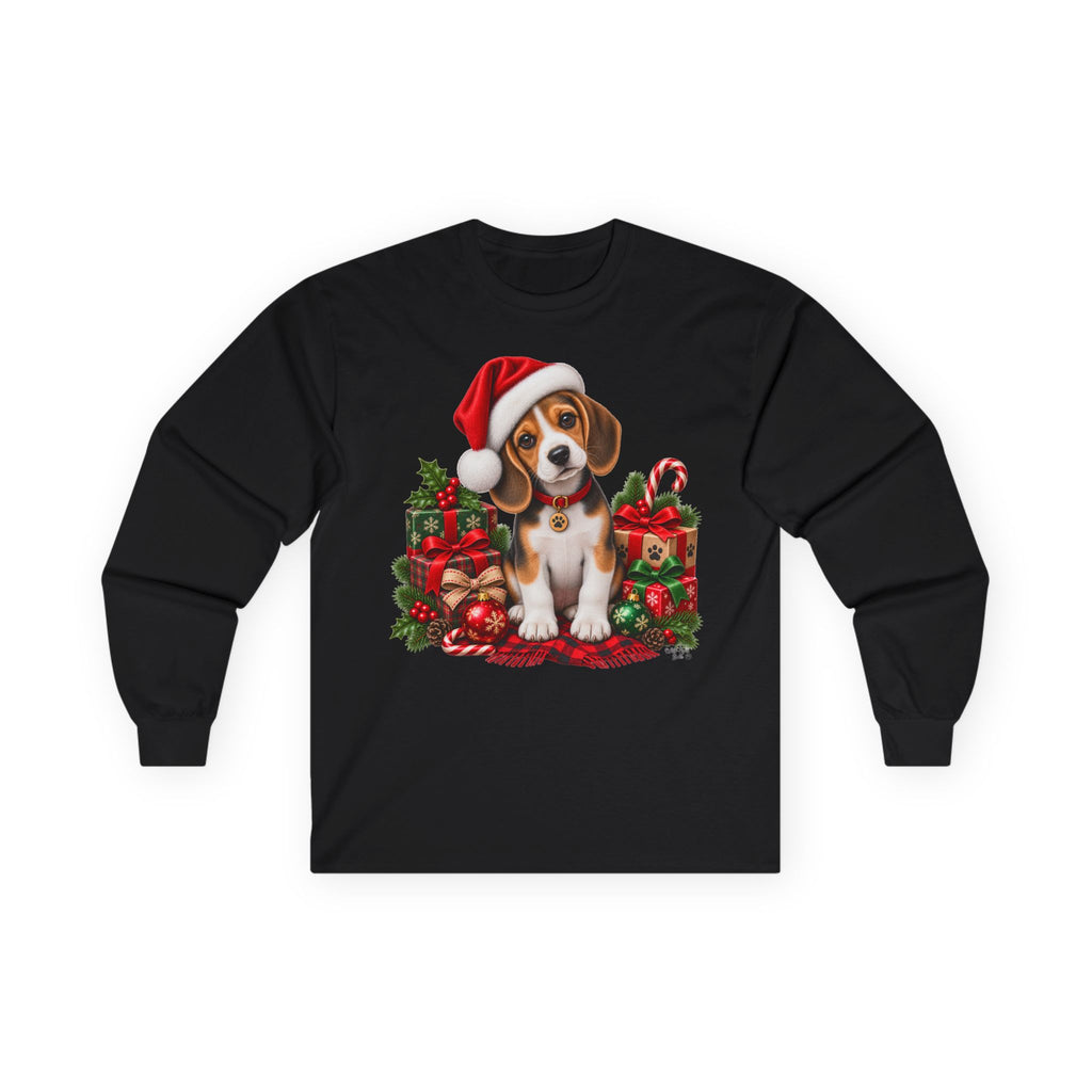 Christmas Puppy Long Sleeve Tee — Cute Beagle in Santa Hat Holiday Shirt