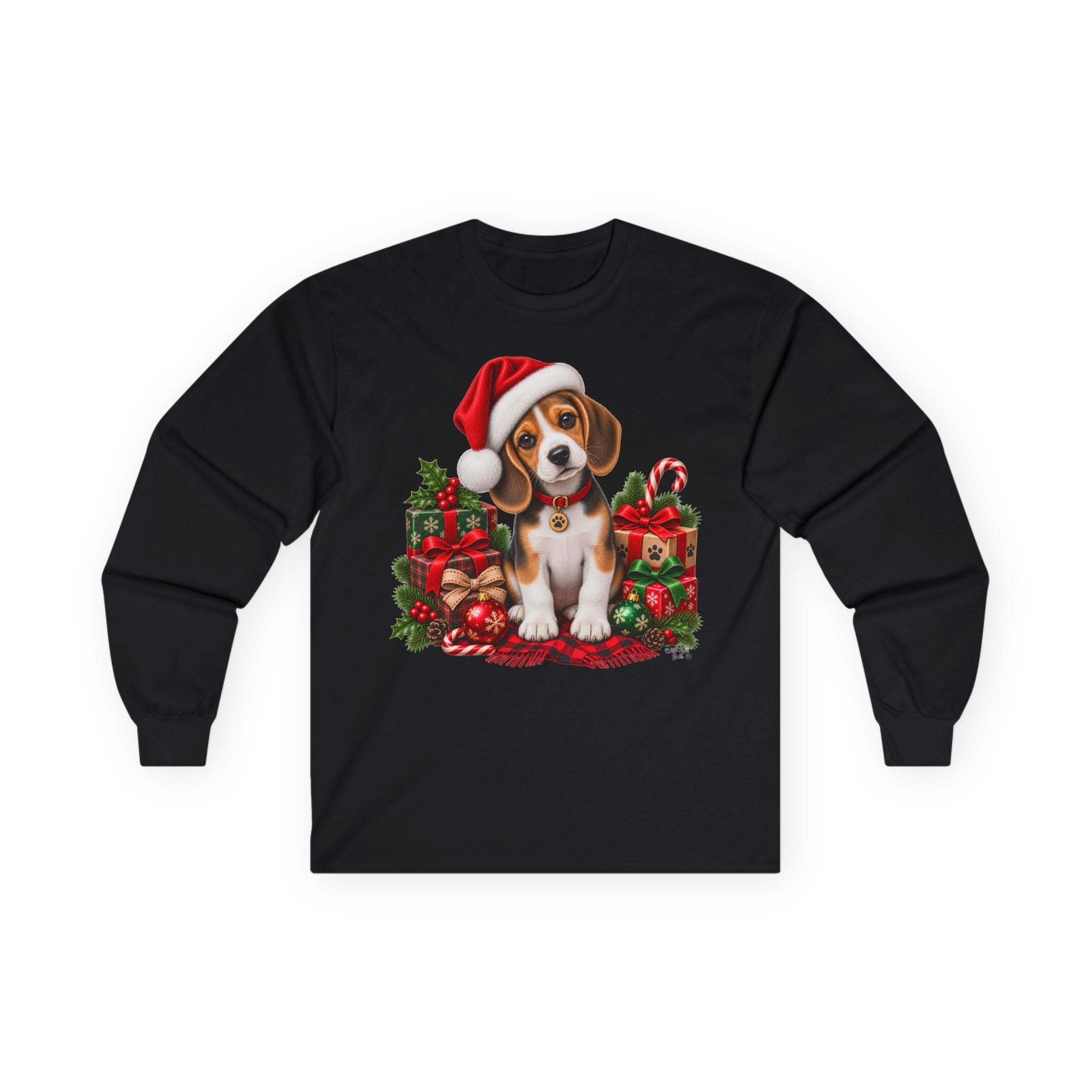 Christmas Puppy Long Sleeve Tee — Cute Beagle in Santa Hat Holiday Shirt