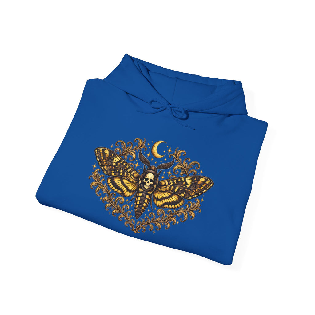 Mystic Death Moth Skull Hoodie – Crescent Moon Gothic Graphic Sweatshirt