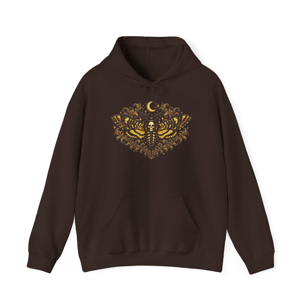 Mystic Death Moth Skull Hoodie – Crescent Moon Gothic Graphic Sweatshirt