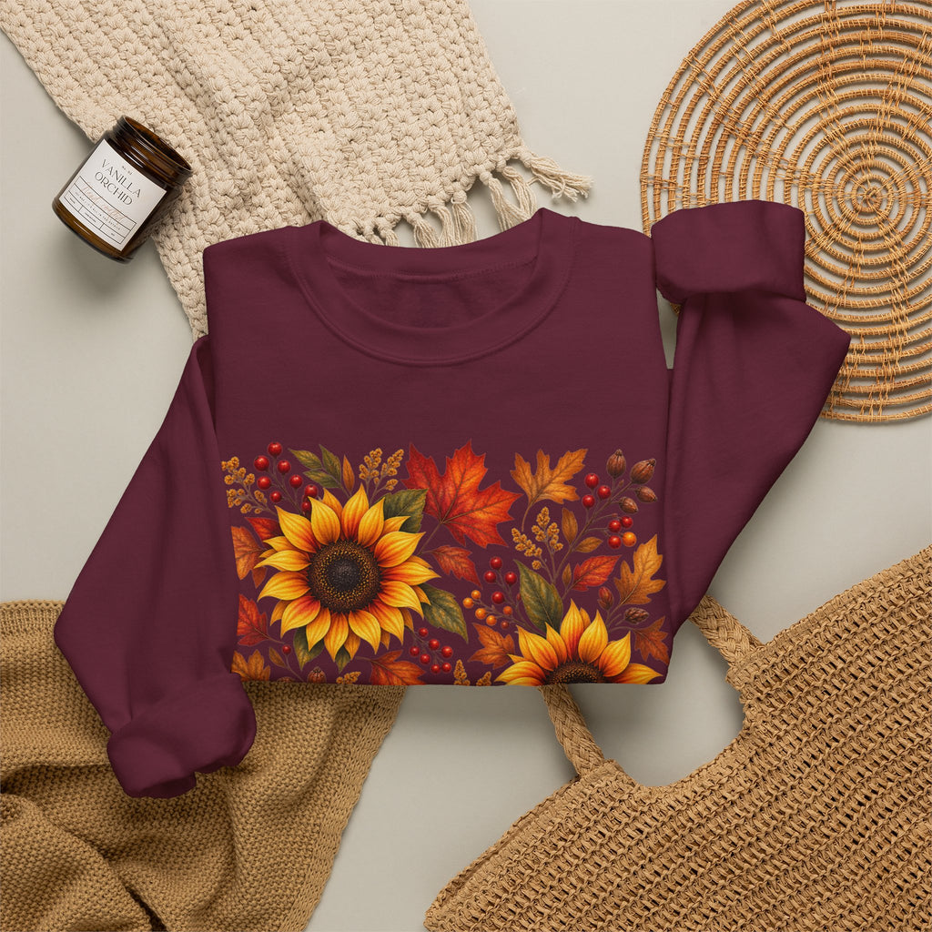 Sunflower Fall Sweatshirt - Autumn Leaves Crewneck for Women & Men