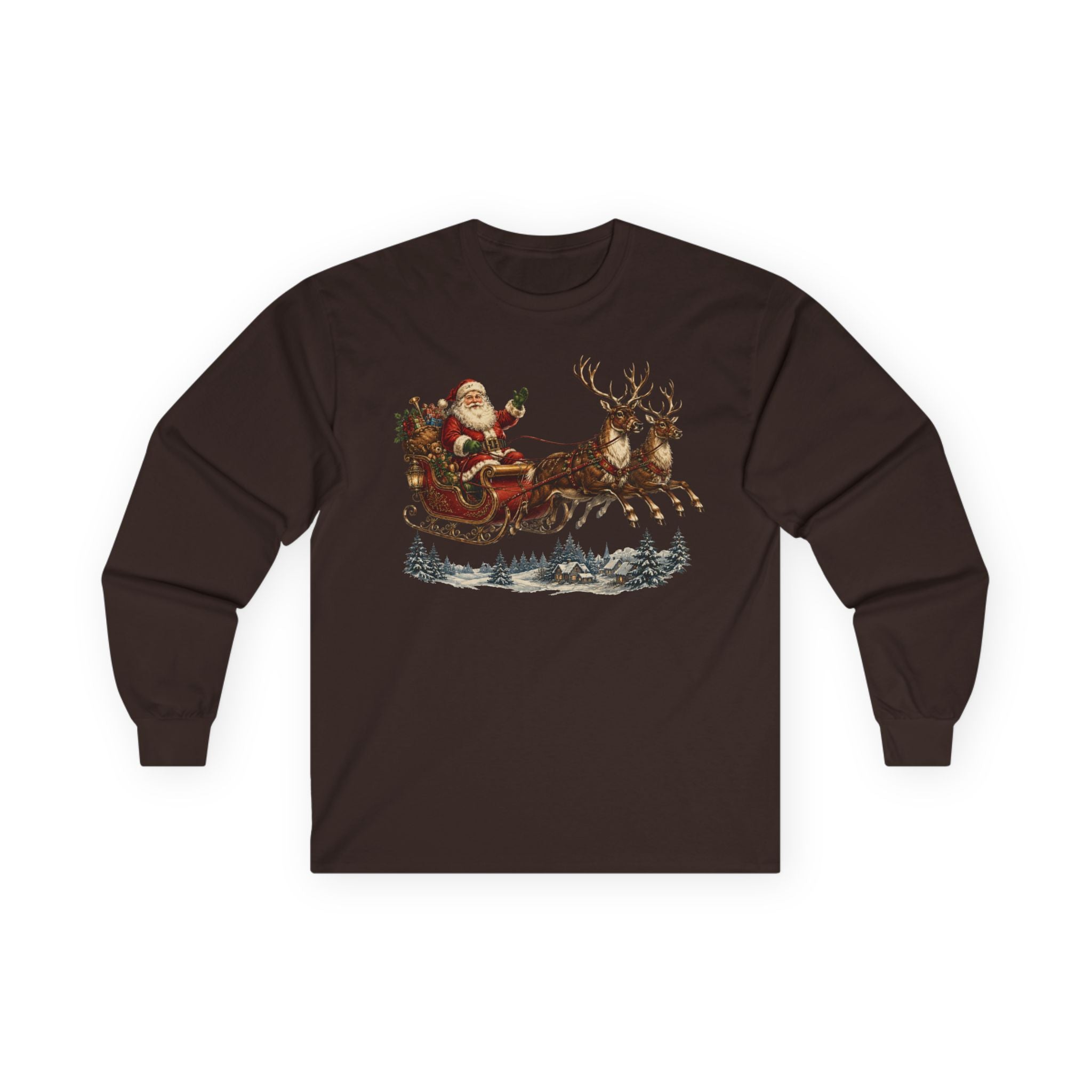 Santa Sleigh Long Sleeve Tee — Vintage Christmas Reindeer Shirt