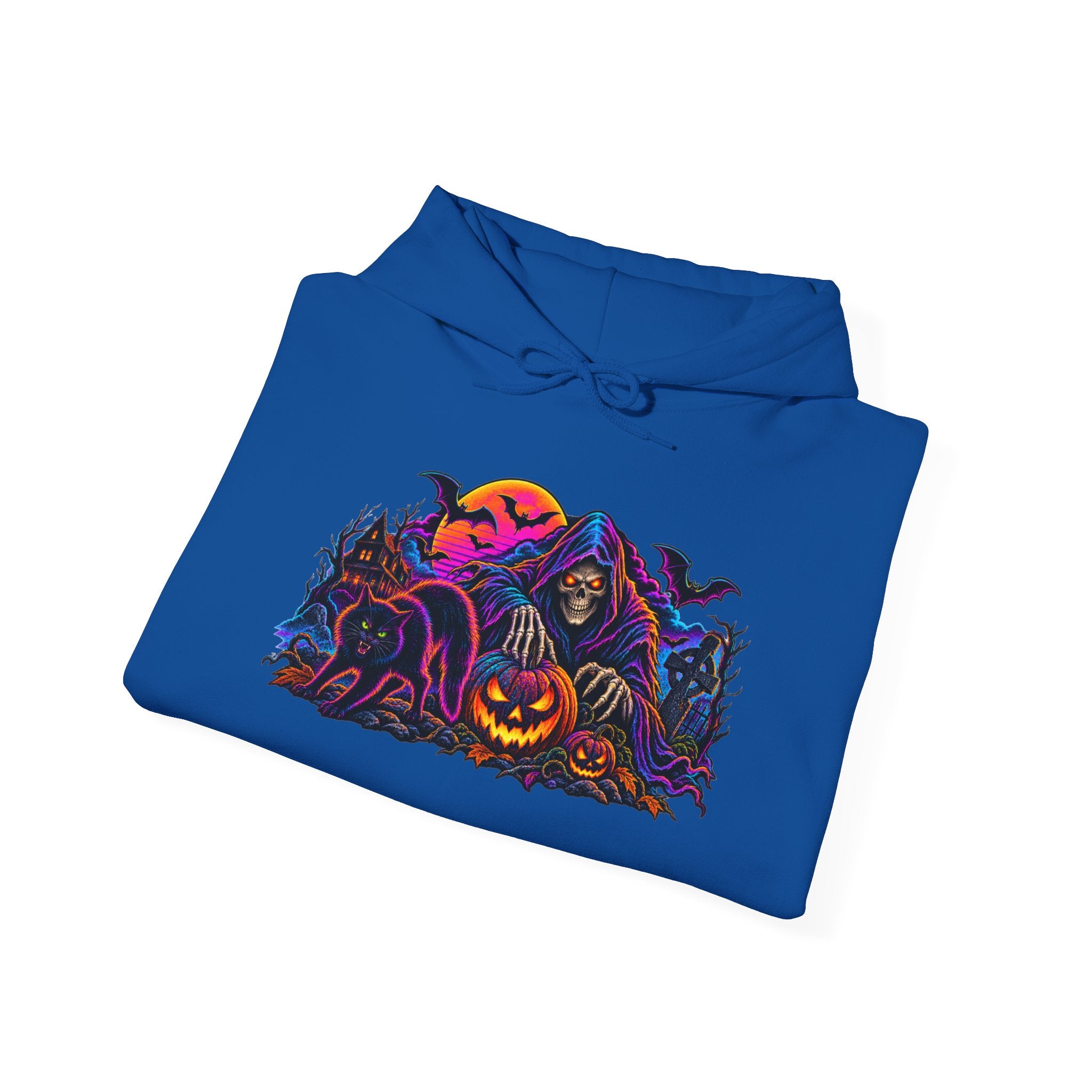 Halloween Horror Hoodie - Neon Jack-O'-Lantern & Ghosts Graphic Sweatshirt
