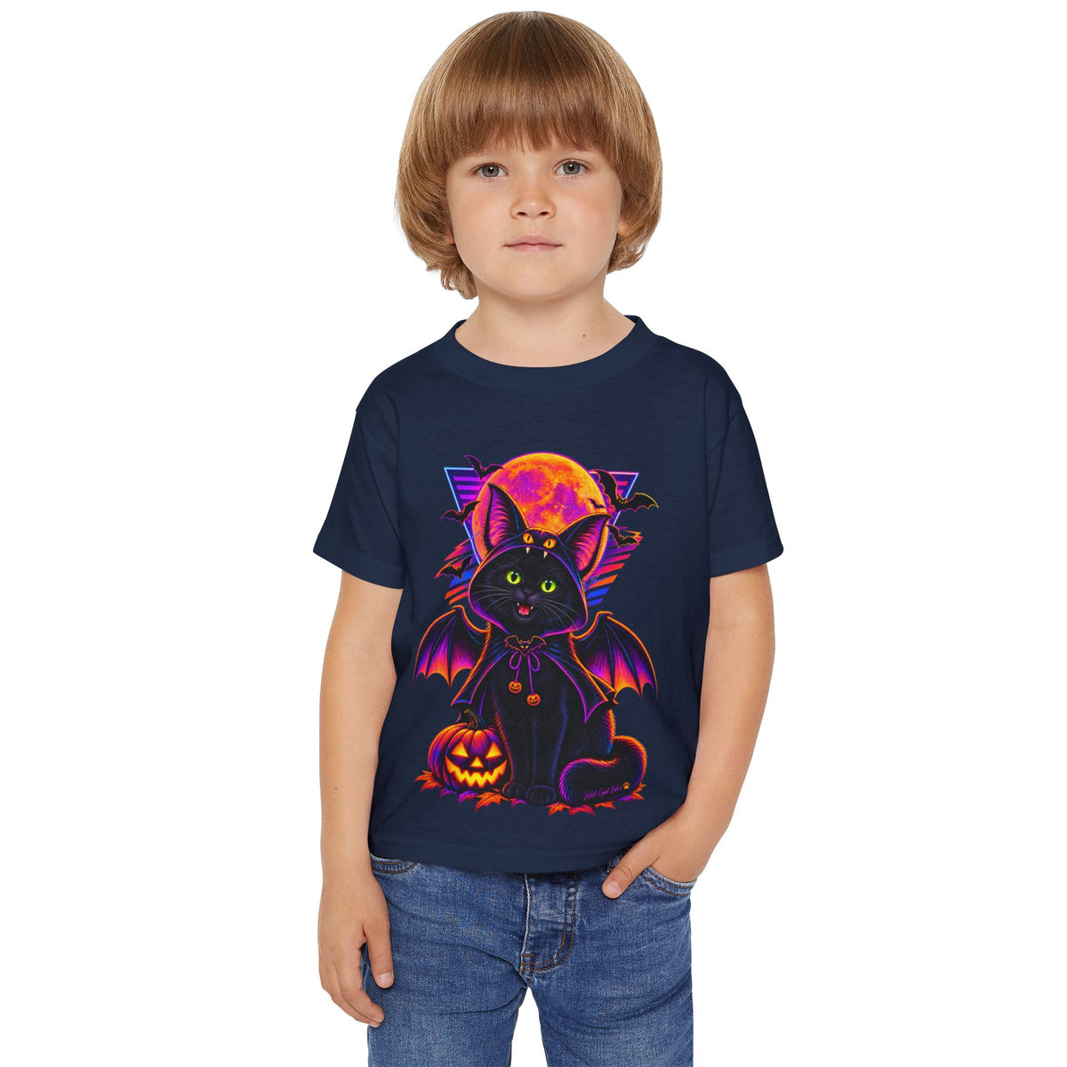 Toddler Halloween Bat Cat T-Shirt — Cute Black Cat with Pumpkin & Full Moon