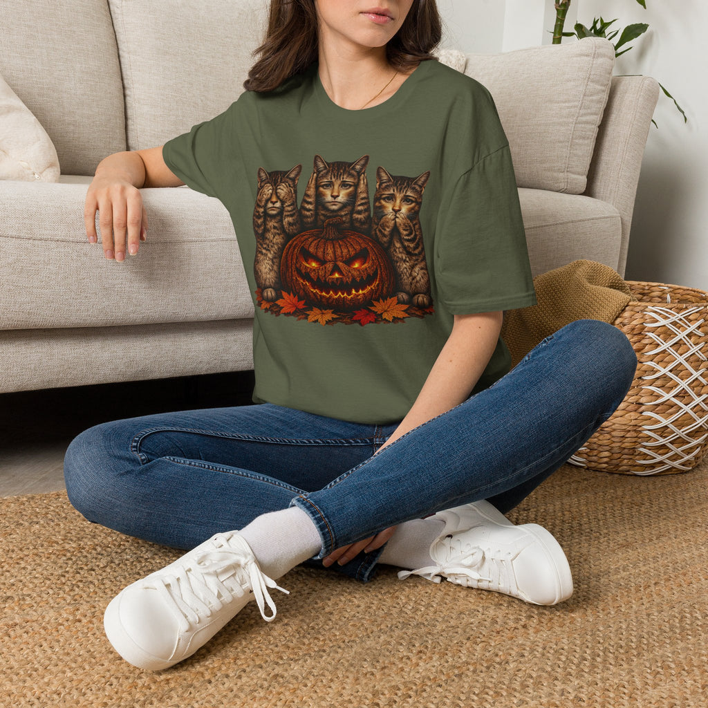 No Evil... Anthropomorphic Cat Pumpkin T-Shirt — Three Spooky Cats with Jack-O'-Lantern