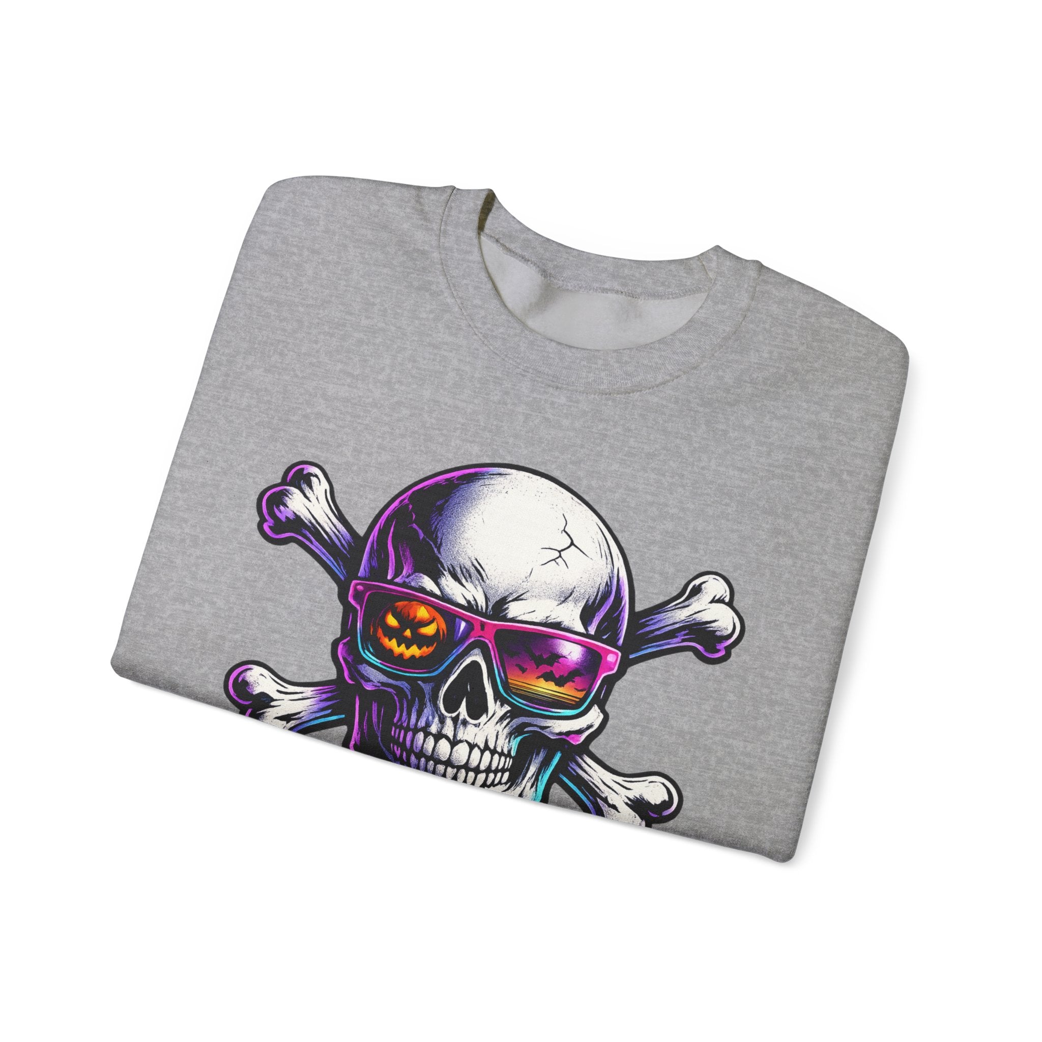 Skull & Crossbones Crewneck Sweatshirt — Neon Sunglasses Halloween Skull Graphic