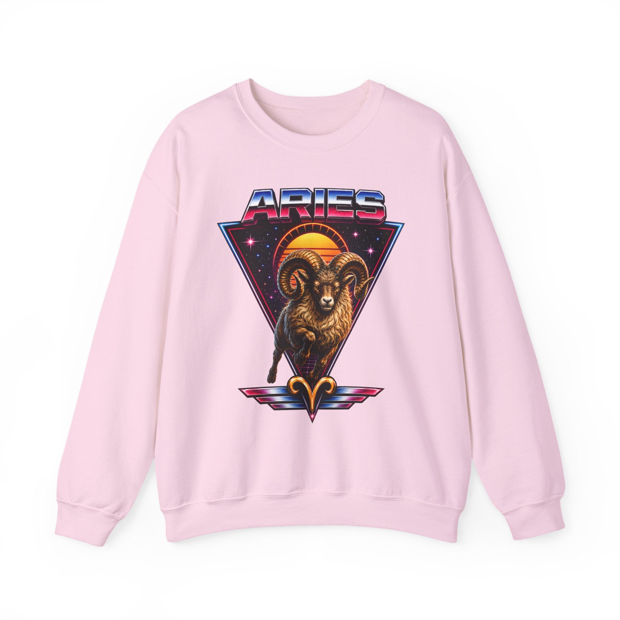 Aries Zodiac Crewneck Sweatshirt — 80s Retro Ram Astrology Graphic