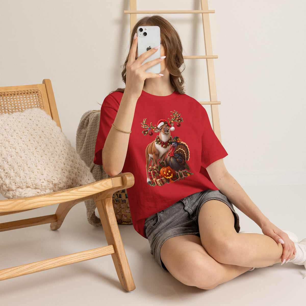 Holiday Mashup Tee — Reindeer with Turkey, Santa Hat & Jack-O’-Lantern