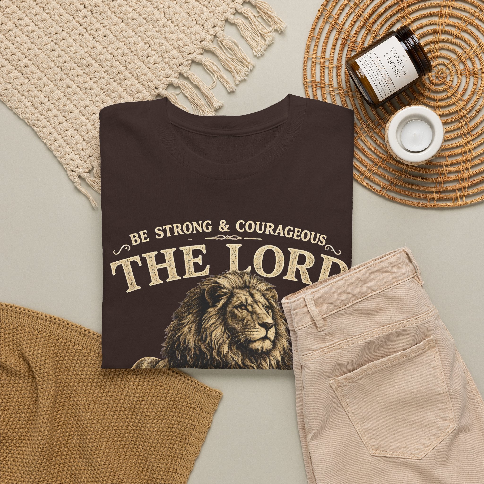 Christian Lion T-Shirt — "Be Strong & Courageous: The Lord Your God" Faith Tee